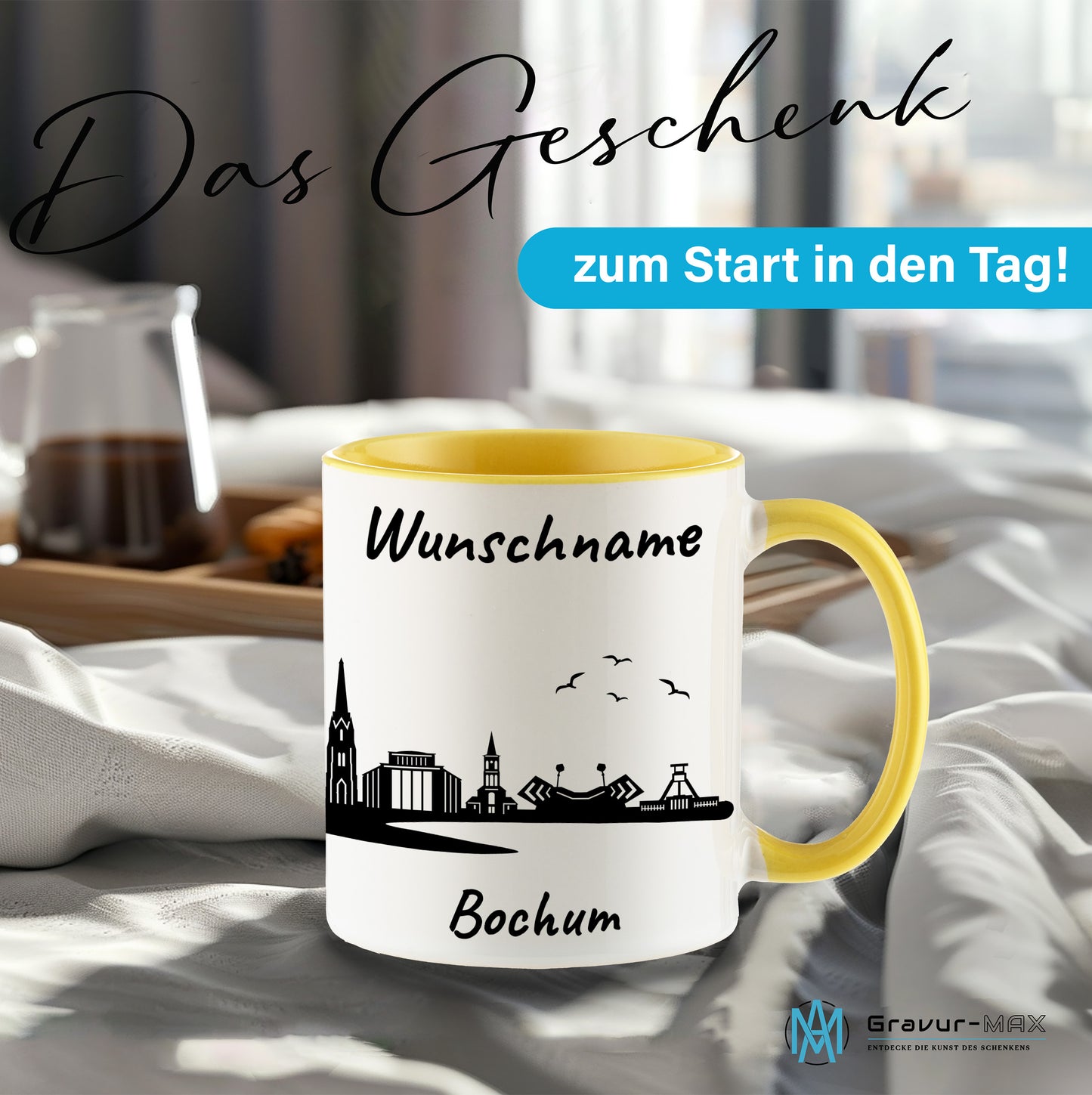 Tasse in Hellgelb 330ml bedruckt mit der Skyline von Bochum personalisierbar mit Wunschname