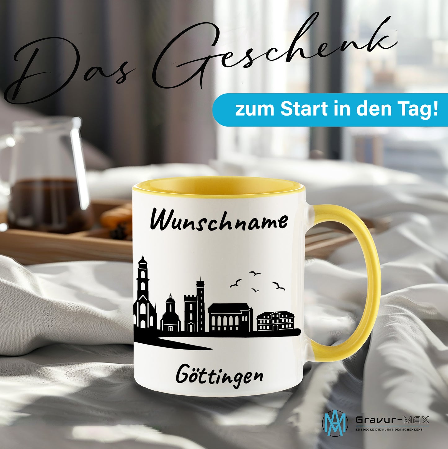 Tasse in Hellgelb 330ml bedruckt mit der Skyline von Göttingen personalisierbar mit Wunschname
