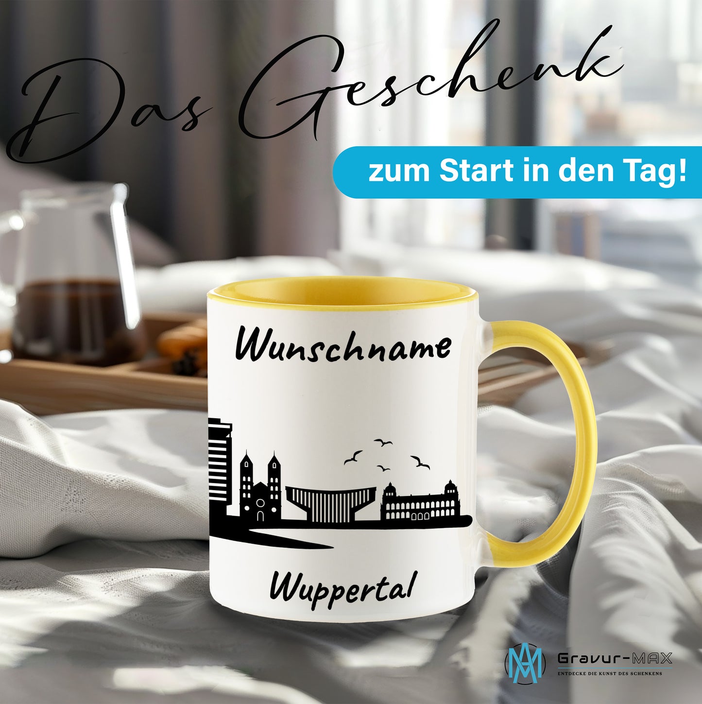 Tasse in Hellgelb 330ml bedruckt mit der Skyline von Wuppertal personalisierbar mit Wunschname