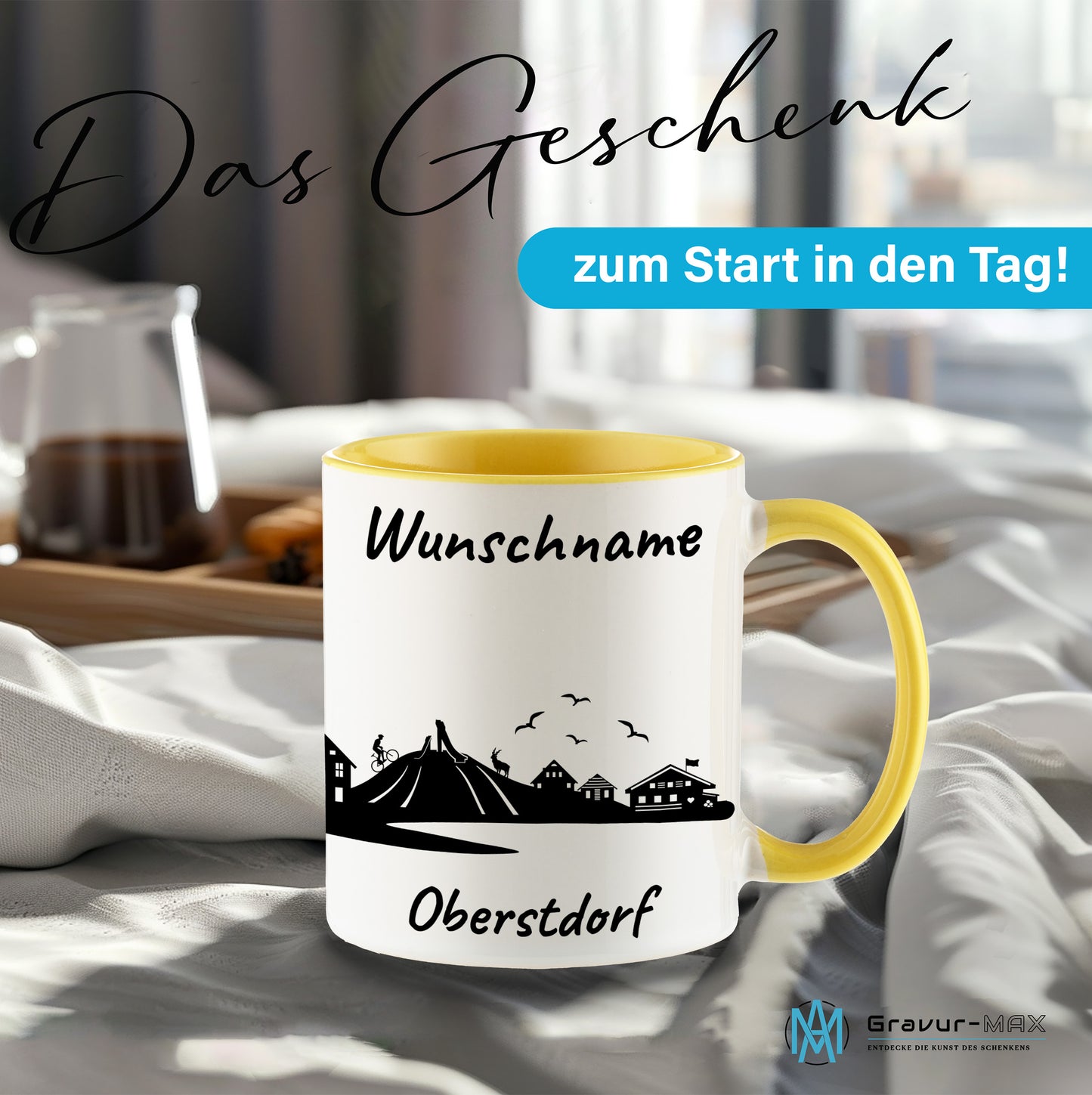Tasse in Hellgelb 330ml bedruckt mit der Skyline von Oberstdorf personalisierbar mit Wunschname