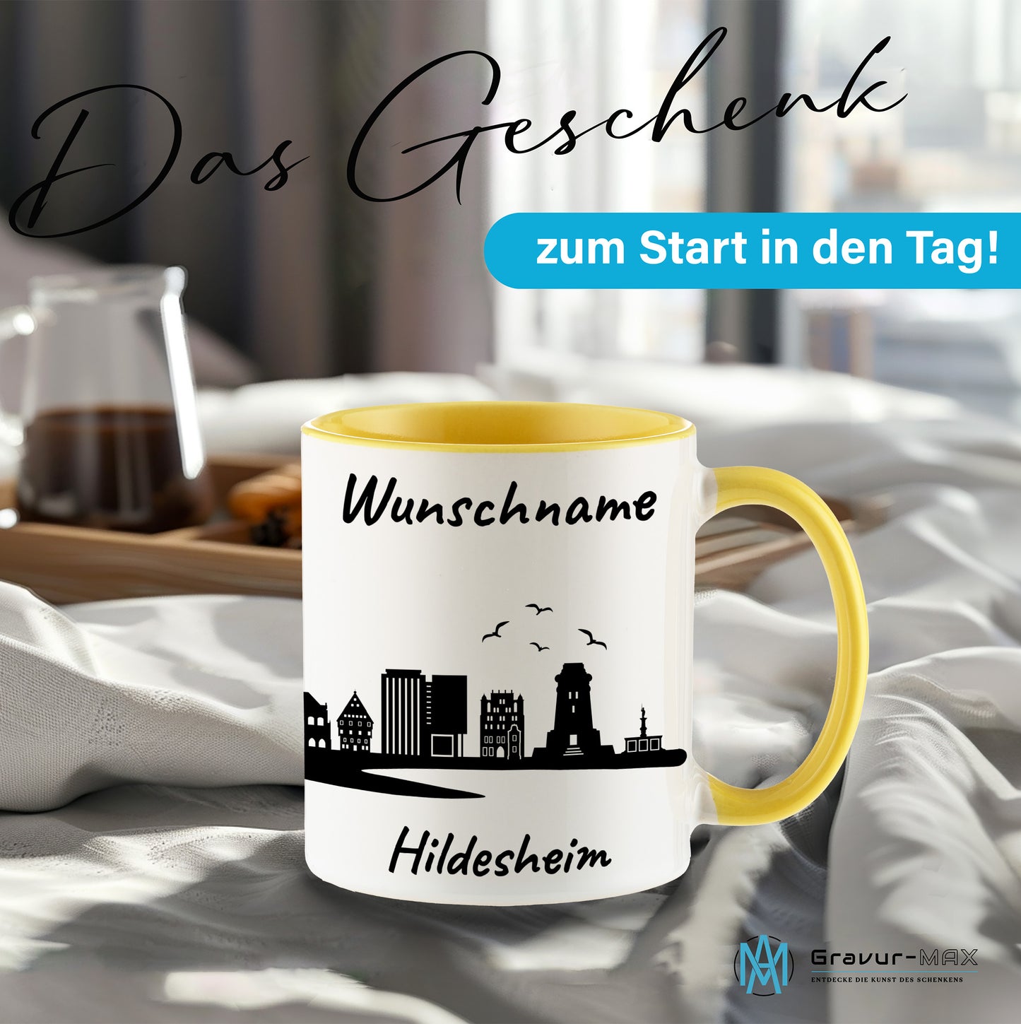 Tasse in Hellgelb 330ml bedruckt mit der Skyline von Hildesheim personalisierbar mit Wunschname