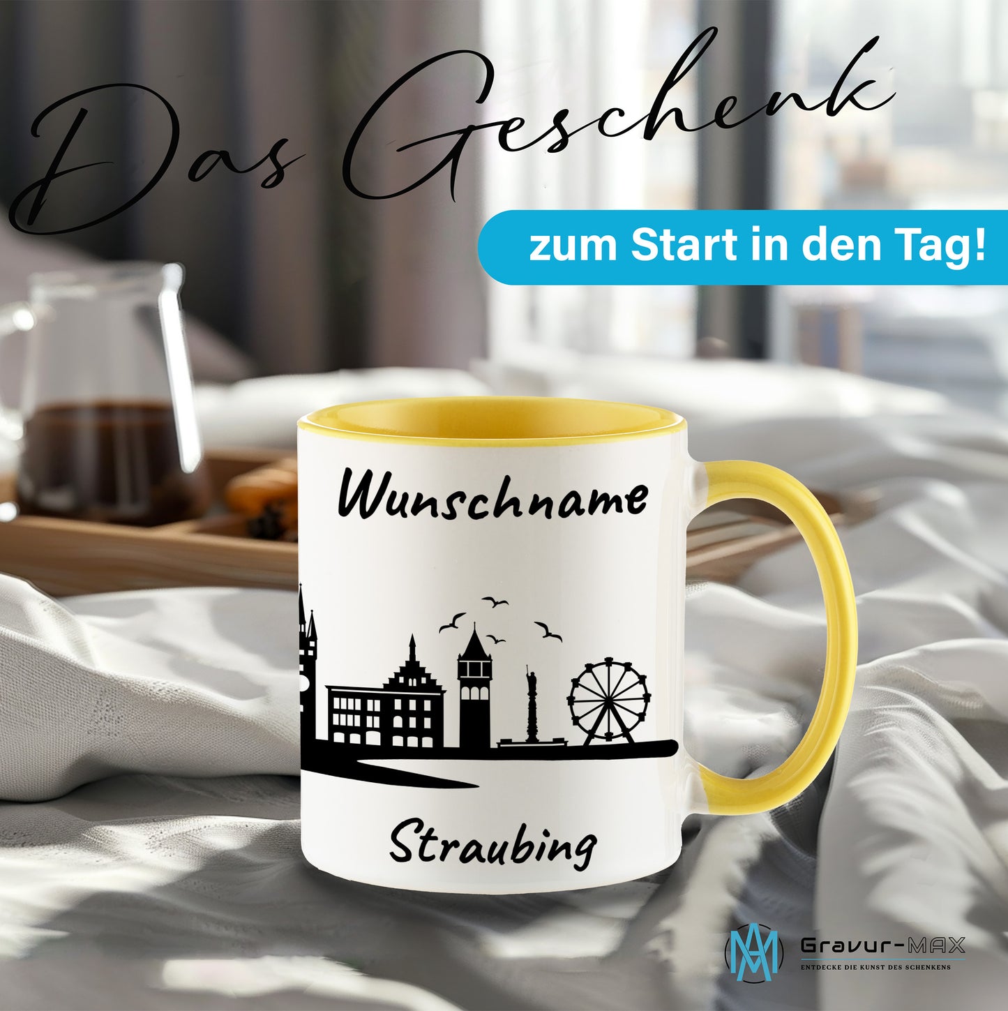 Tasse in Hellgelb 330ml bedruckt mit der Skyline von Straubing personalisierbar mit Wunschname