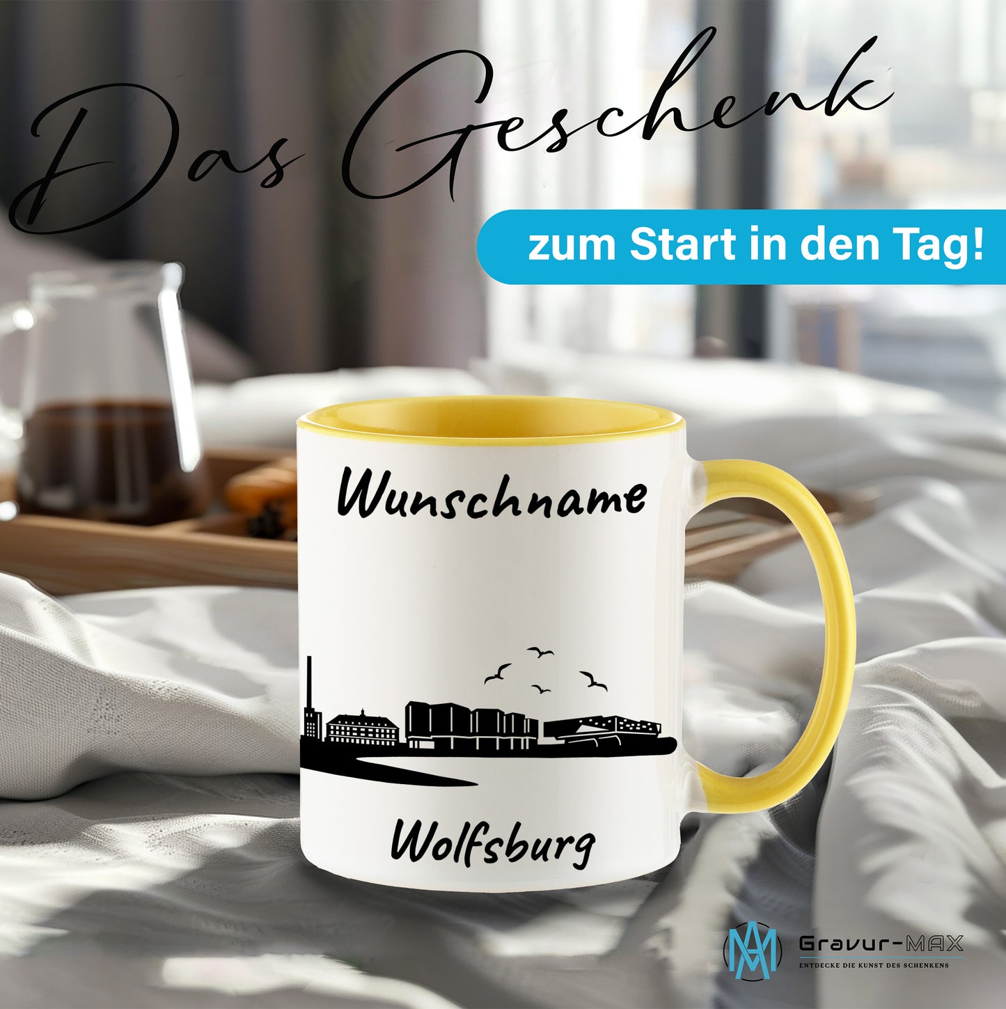 Tasse in Hellgelb 330ml bedruckt mit der Skyline von Wolfsburg personalisierbar mit Wunschname