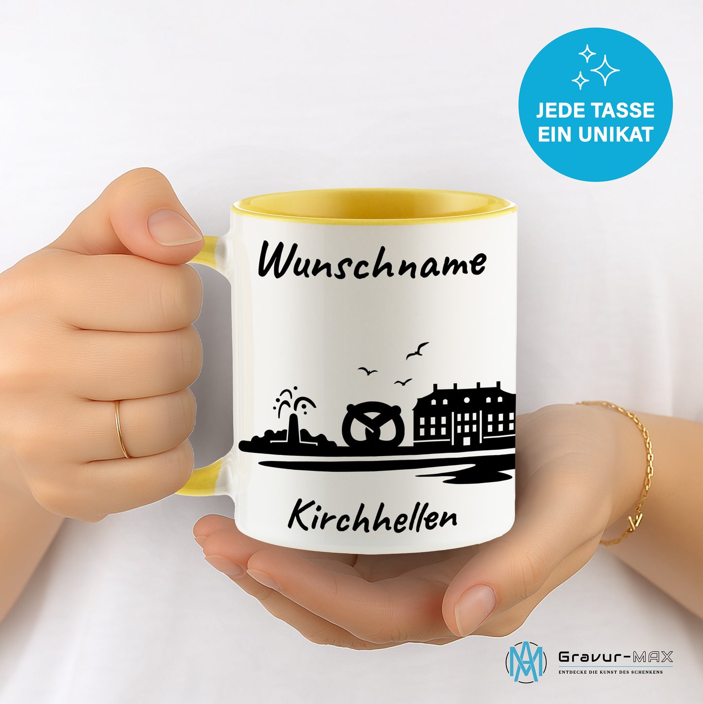 Tasse in Hellgelb 330ml bedruckt mit der Skyline von Kirchhellen personalisierbar mit Wunschname