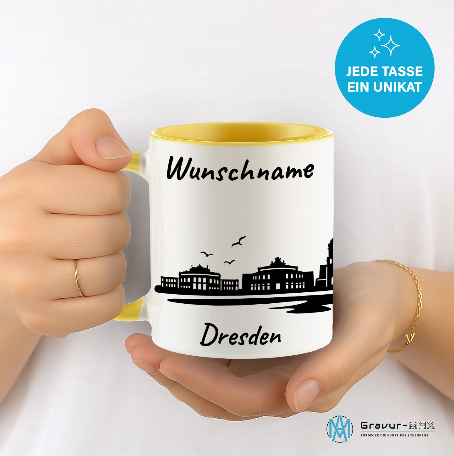Tasse in Hellgelb 330ml bedruckt mit der Skyline von Dresden personalisierbar mit Wunschname