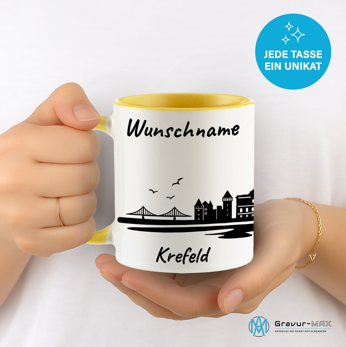 Tasse in Hellgelb 330ml bedruckt mit der Skyline von Krefeld personalisierbar mit Wunschname