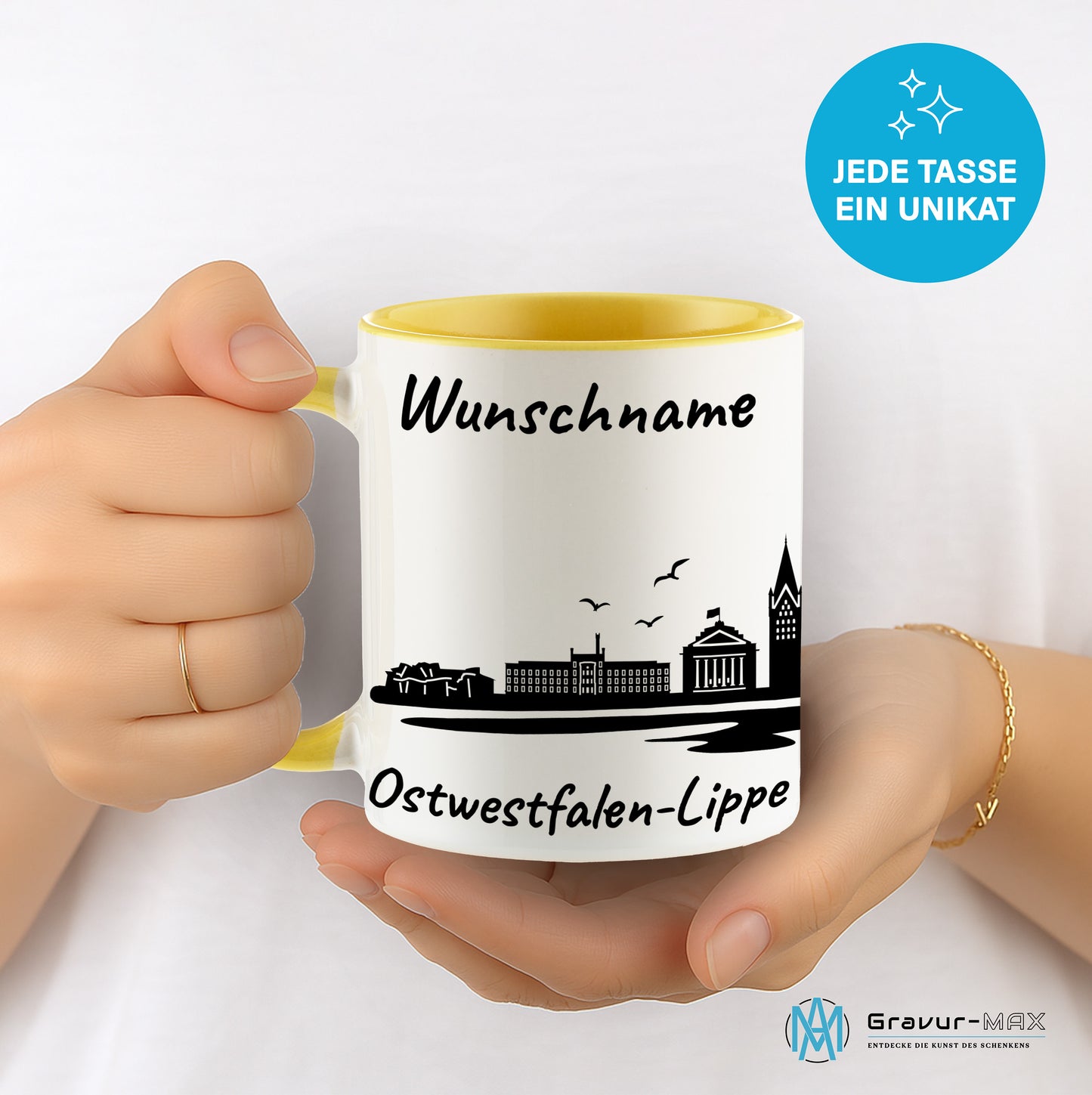 Tasse in Hellgelb 330ml bedruckt mit der Skyline von Ostwestfalen-Lippe personalisierbar mit Wunschname