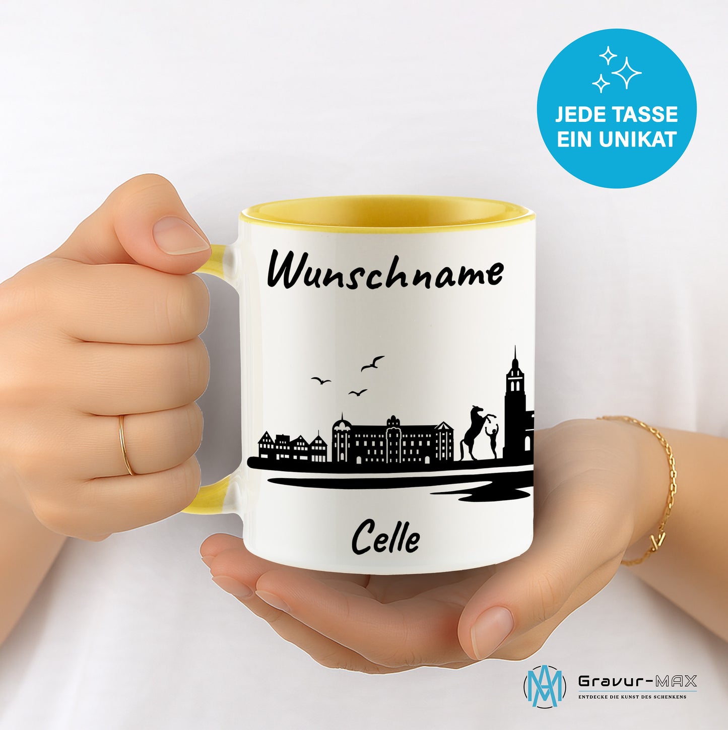 Tasse in Hellgelb 330ml bedruckt mit der Skyline von Celle personalisierbar mit Wunschname