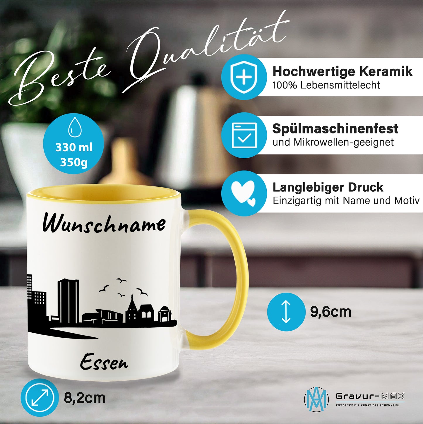 Tasse in Hellgelb 330ml bedruckt mit der Skyline von Essen personalisierbar mit Wunschname