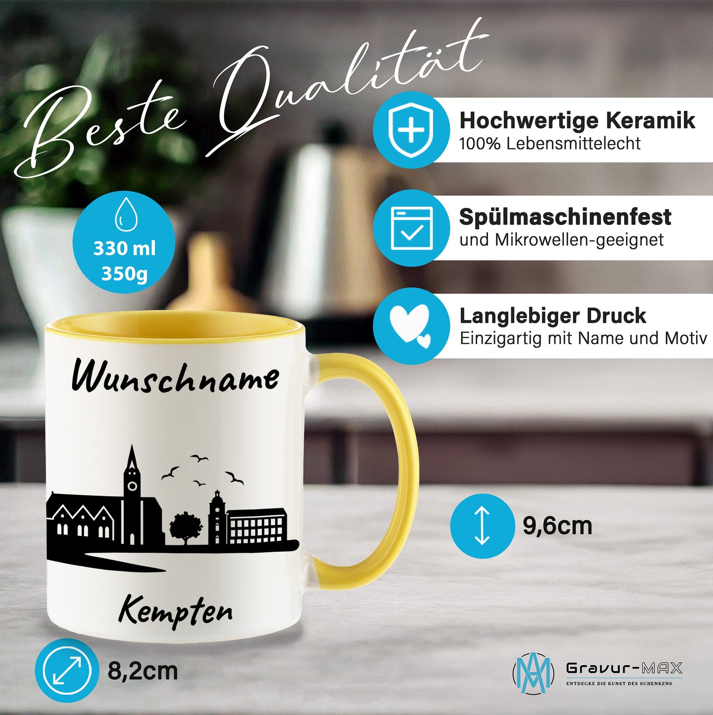 Tasse in Hellgelb 330ml bedruckt mit der Skyline von Kempten personalisierbar mit Wunschname