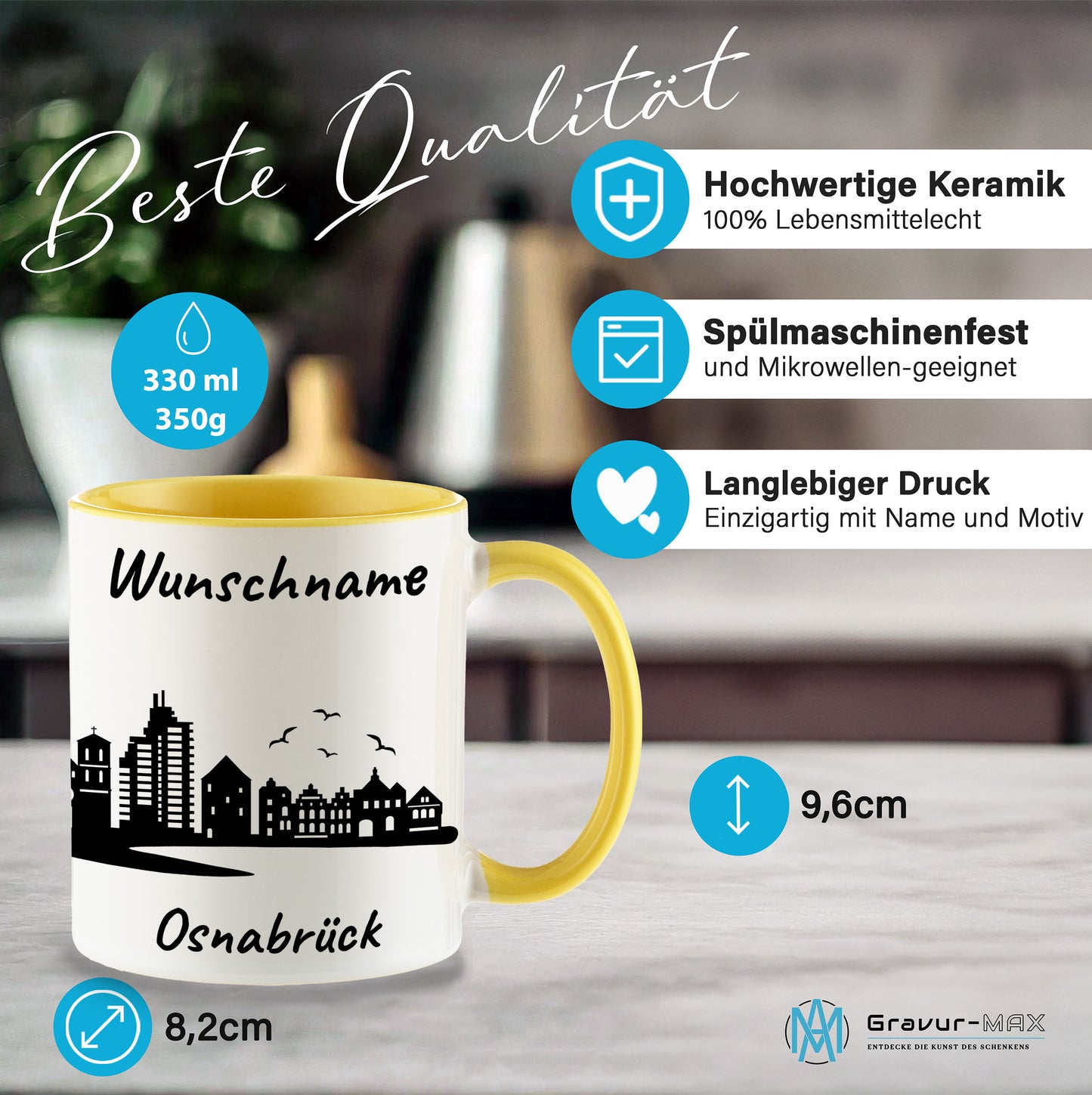 Tasse in Hellgelb 330ml bedruckt mit der Skyline von Osnabrück personalisierbar mit Wunschname