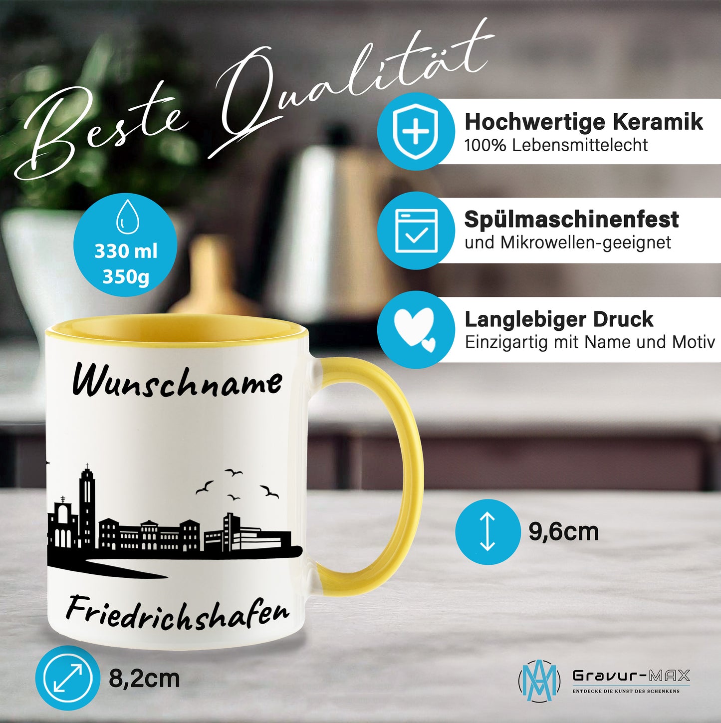 Tasse in Hellgelb 330ml bedruckt mit der Skyline von Friedrichshafen personalisierbar mit Wunschname