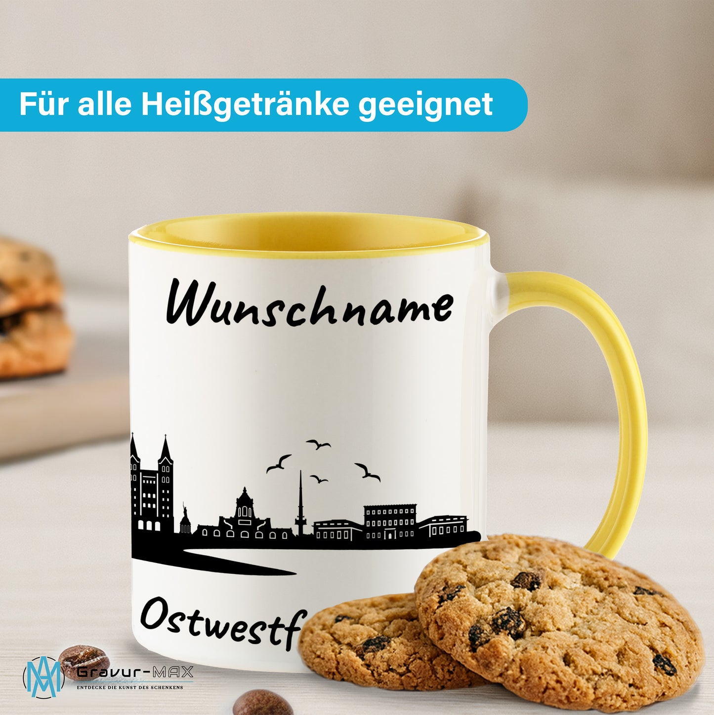 Tasse in Hellgelb 330ml bedruckt mit der Skyline von Ostwestfalen-Lippe personalisierbar mit Wunschname