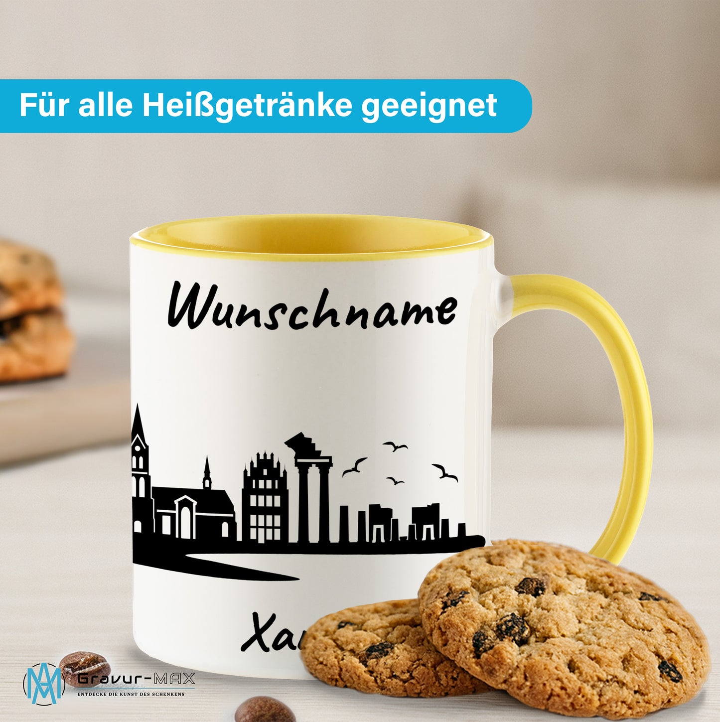 Tasse in Hellgelb 330ml bedruckt mit der Skyline von Xanten personalisierbar mit Wunschname