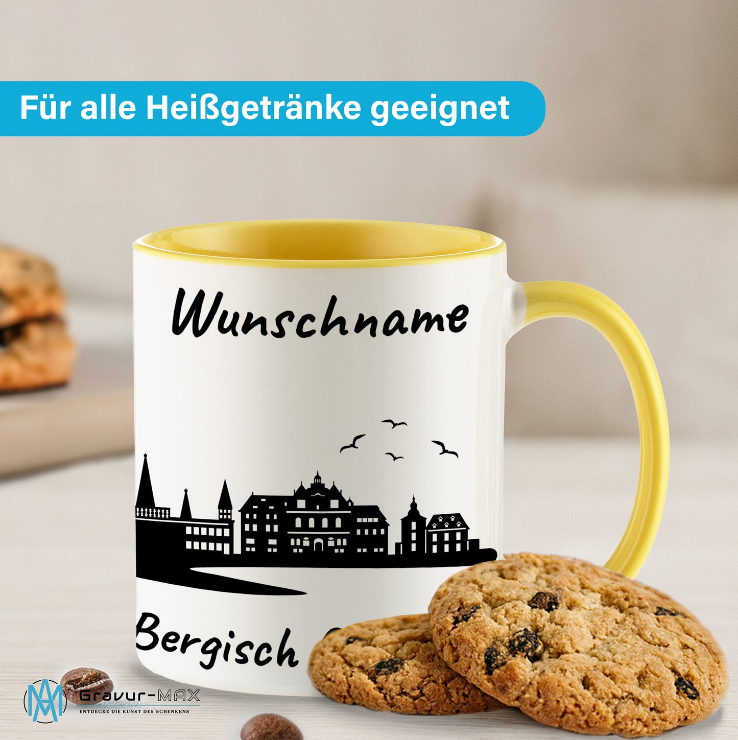 Tasse in Hellgelb 330ml bedruckt mit der Skyline von Bergisch Gladbach personalisierbar mit Wunschname