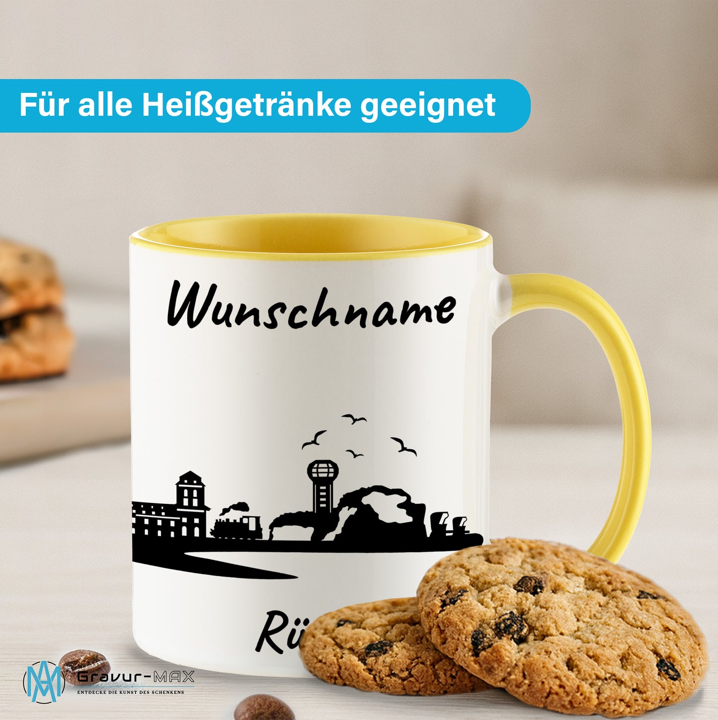 Tasse in Hellgelb 330ml bedruckt mit der Skyline von Rügen personalisierbar mit Wunschname