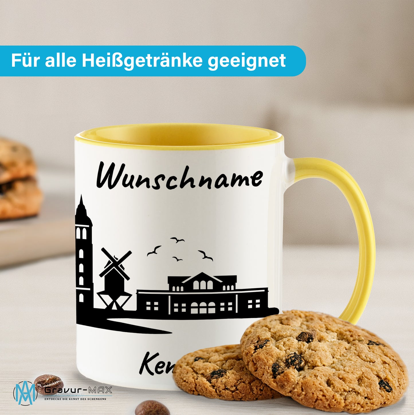 Tasse in Hellgelb 330ml bedruckt mit der Skyline von Kempen personalisierbar mit Wunschname
