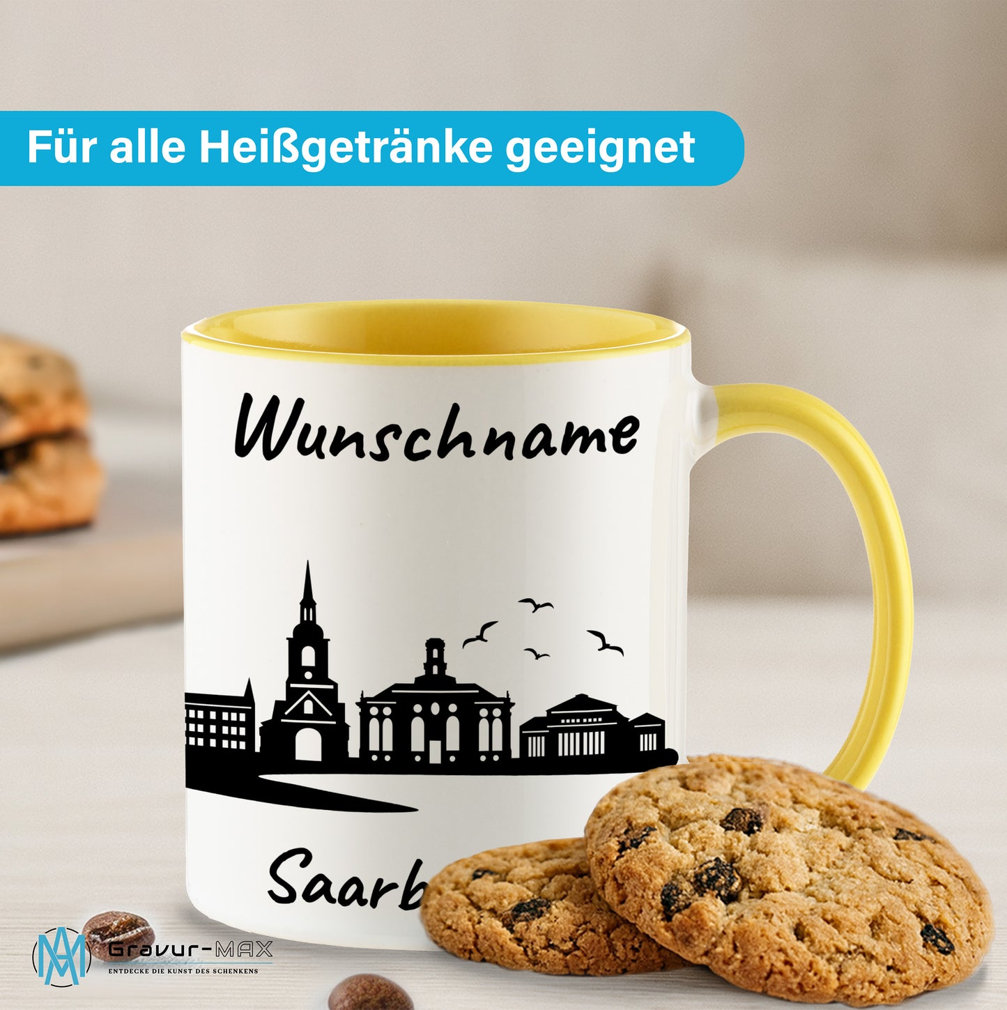 Tasse in Hellgelb 330ml bedruckt mit der Skyline von Saarbrücken personalisierbar mit Wunschname