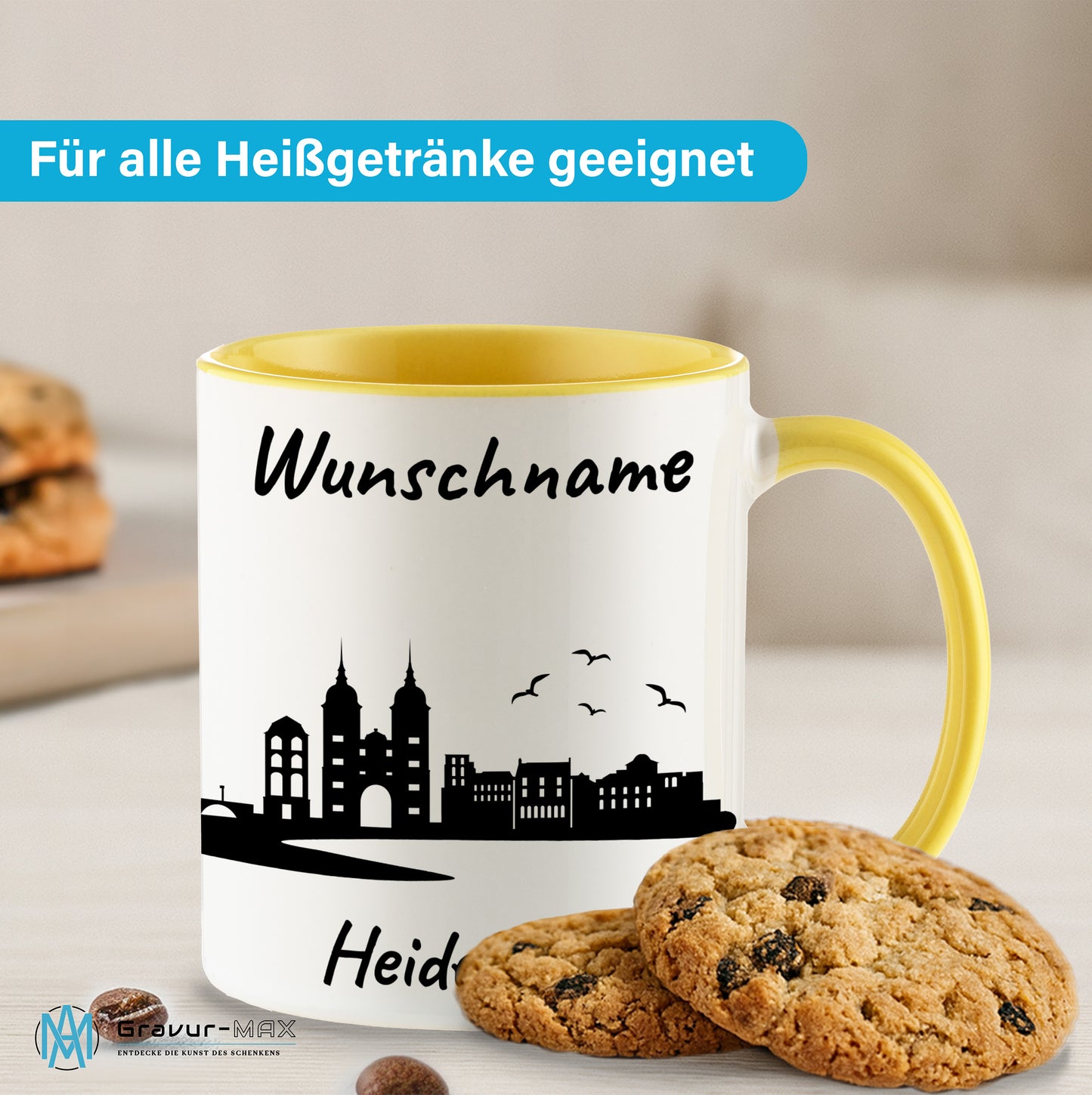 Tasse in Hellgelb 330ml bedruckt mit der Skyline von Heidelberg personalisierbar mit Wunschname