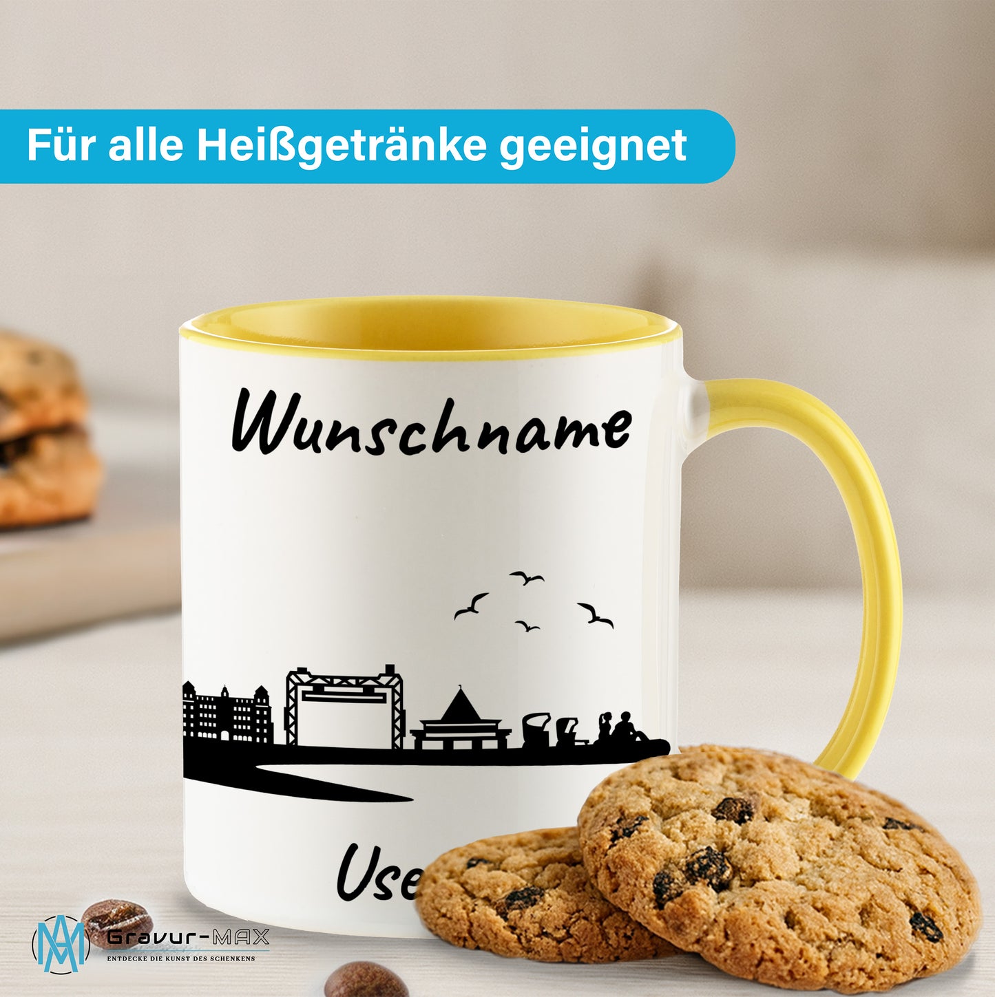 Tasse in Hellgelb 330ml bedruckt mit der Skyline von Usedom personalisierbar mit Wunschname