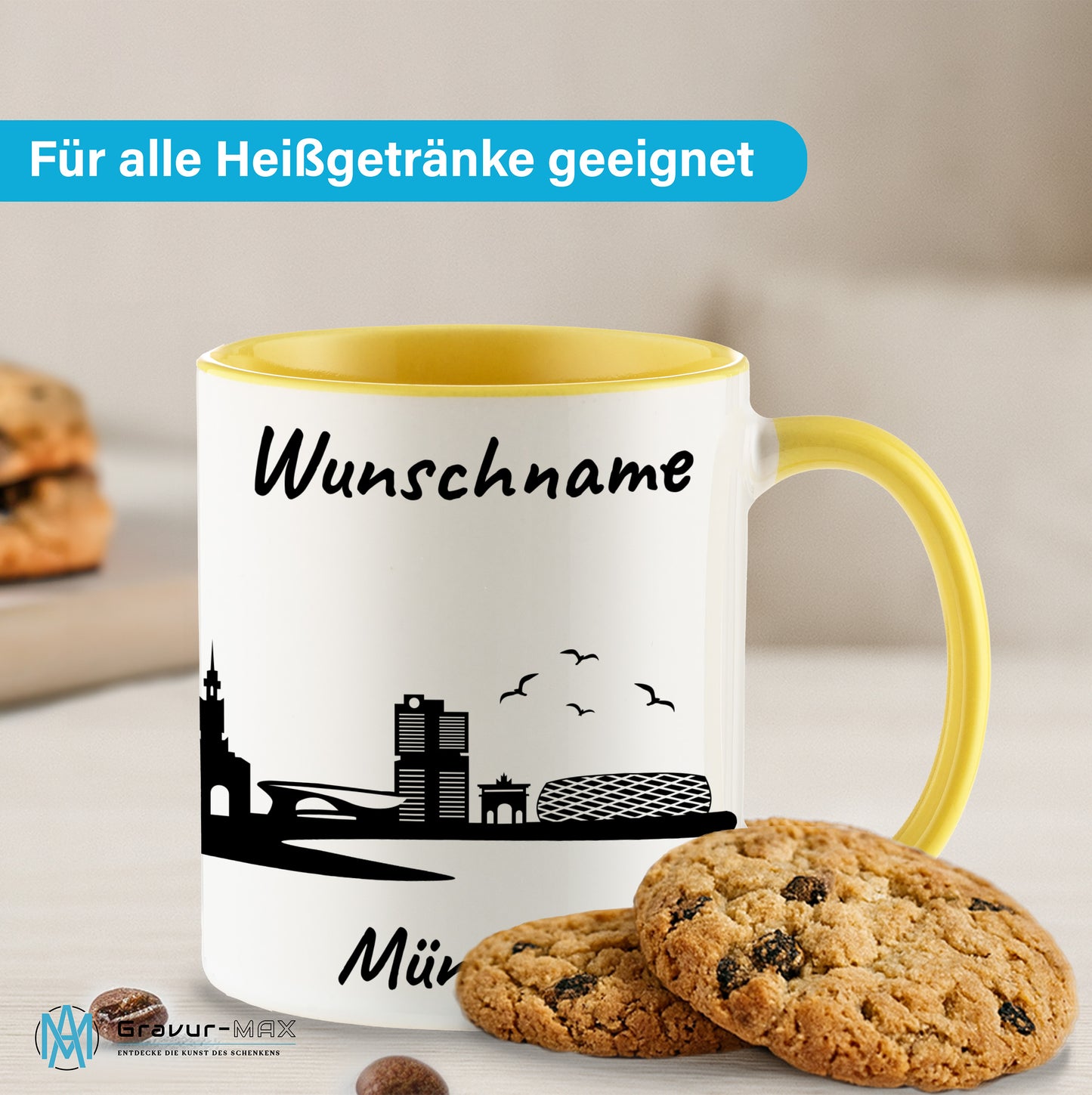 Tasse in Hellgelb 330ml bedruckt mit der Skyline von München personalisierbar mit Wunschname