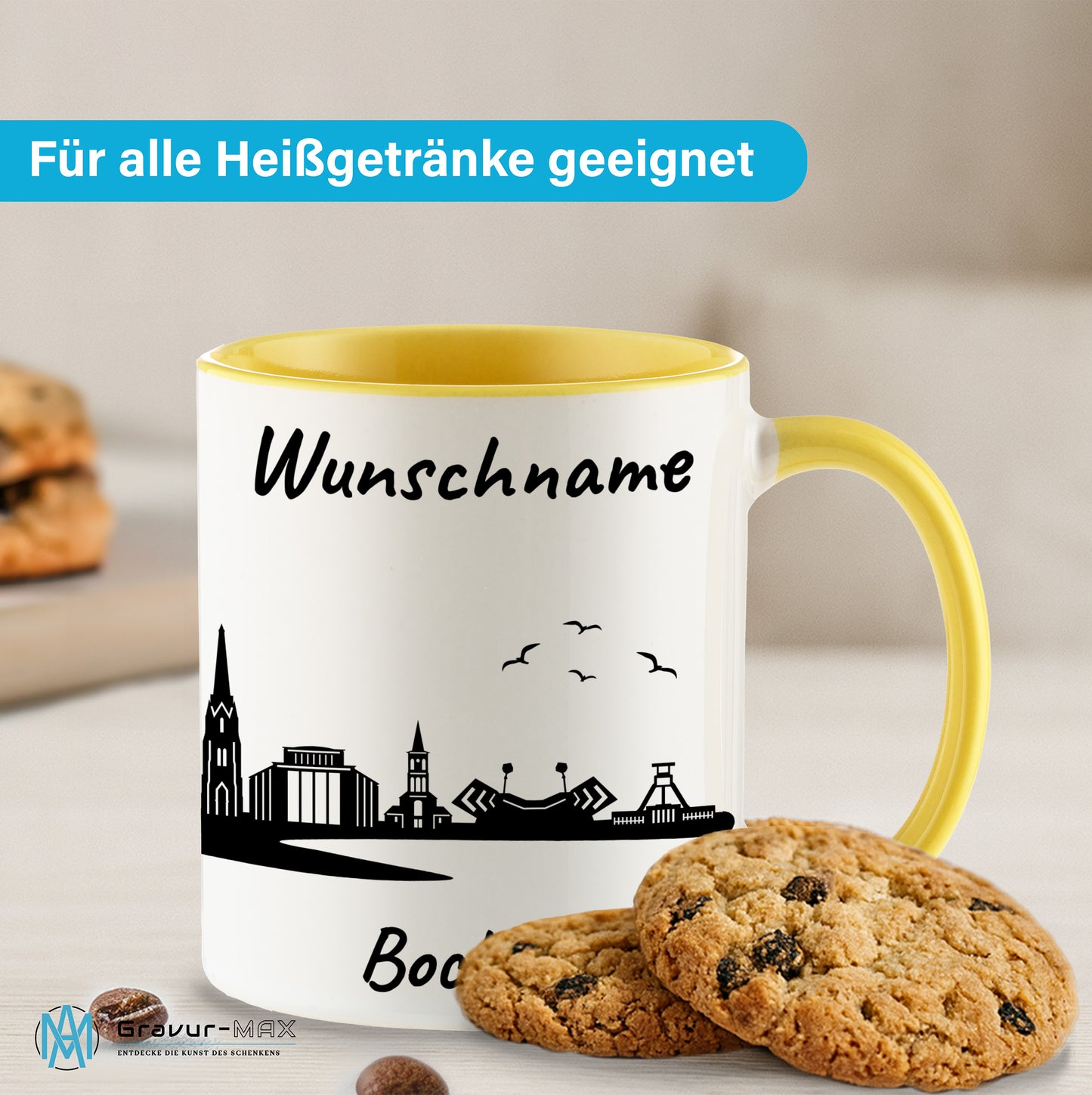 Tasse in Hellgelb 330ml bedruckt mit der Skyline von Bochum personalisierbar mit Wunschname