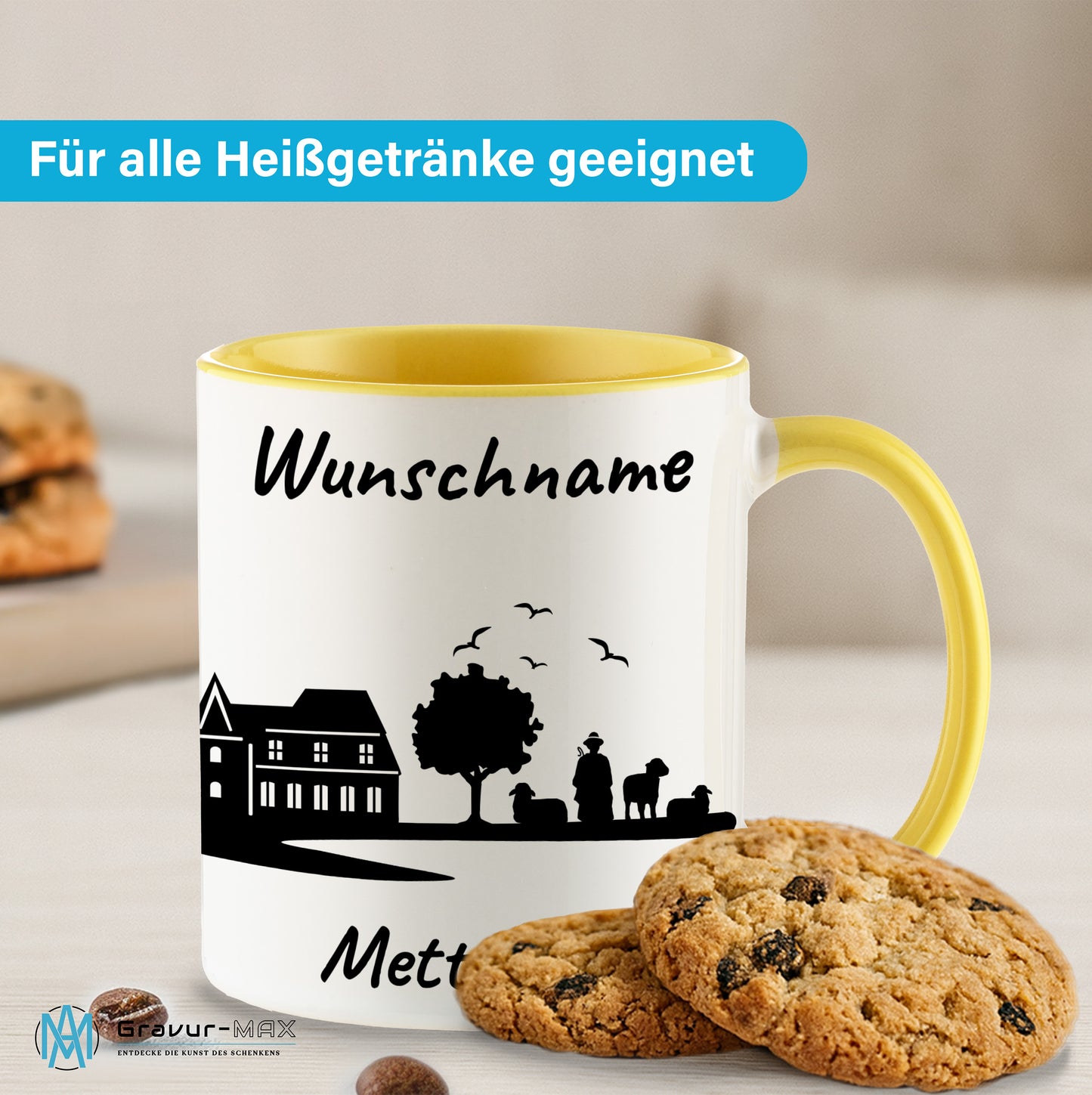 Tasse in Hellgelb 330ml bedruckt mit der Skyline von Mettmann personalisierbar mit Wunschname