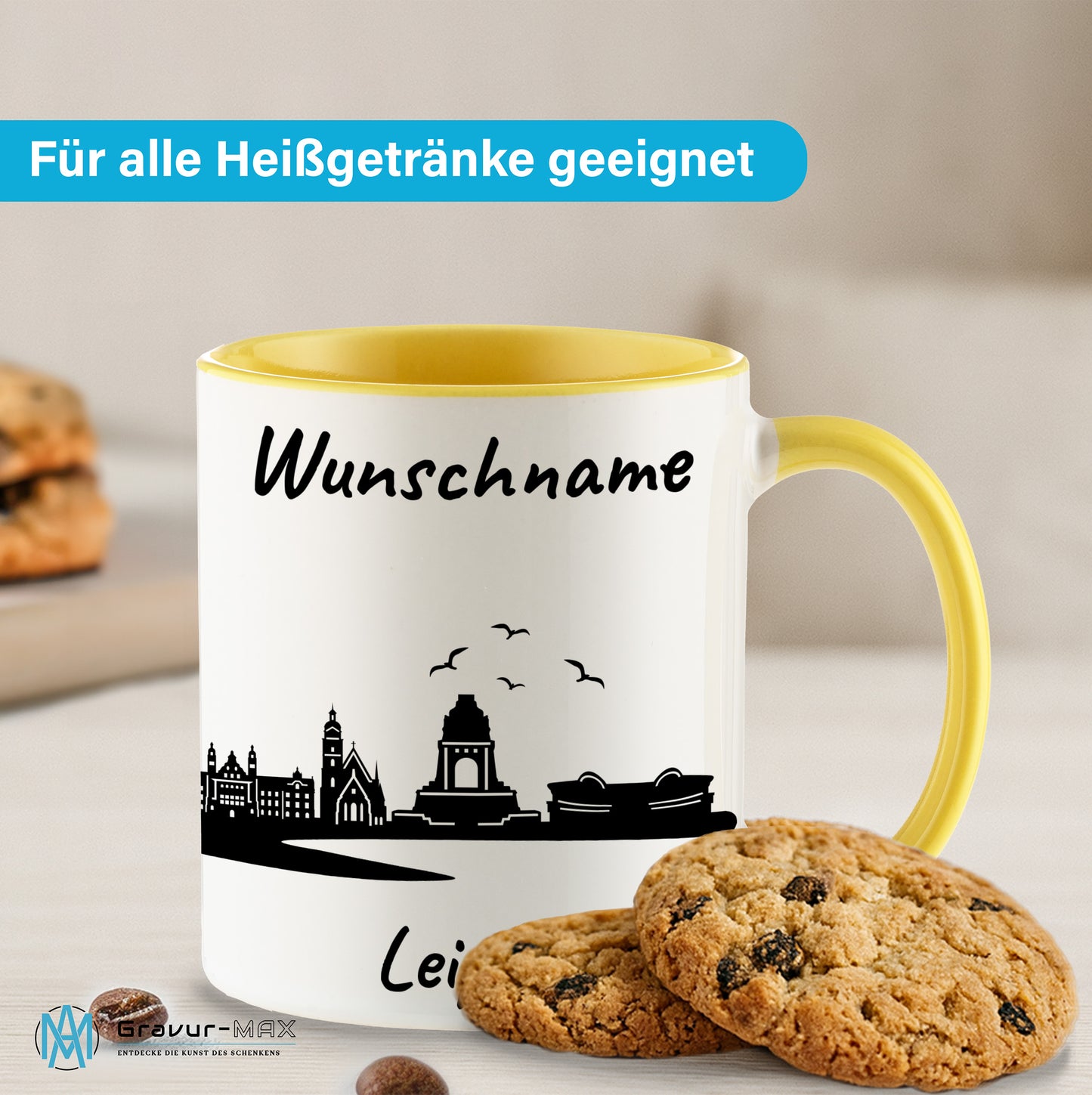 Tasse in Hellgelb 330ml bedruckt mit der Skyline von Leipzig personalisierbar mit Wunschname