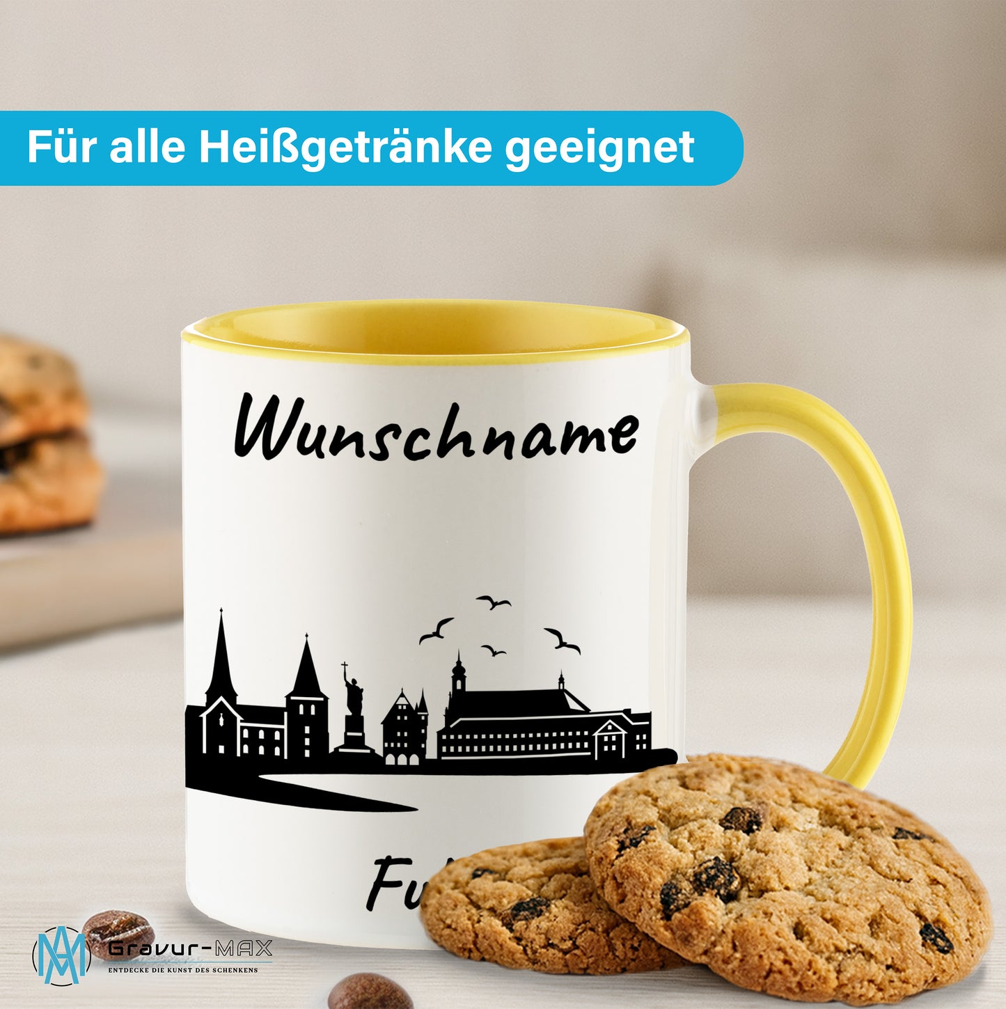 Tasse in Hellgelb 330ml bedruckt mit der Skyline von Fulda personalisierbar mit Wunschname
