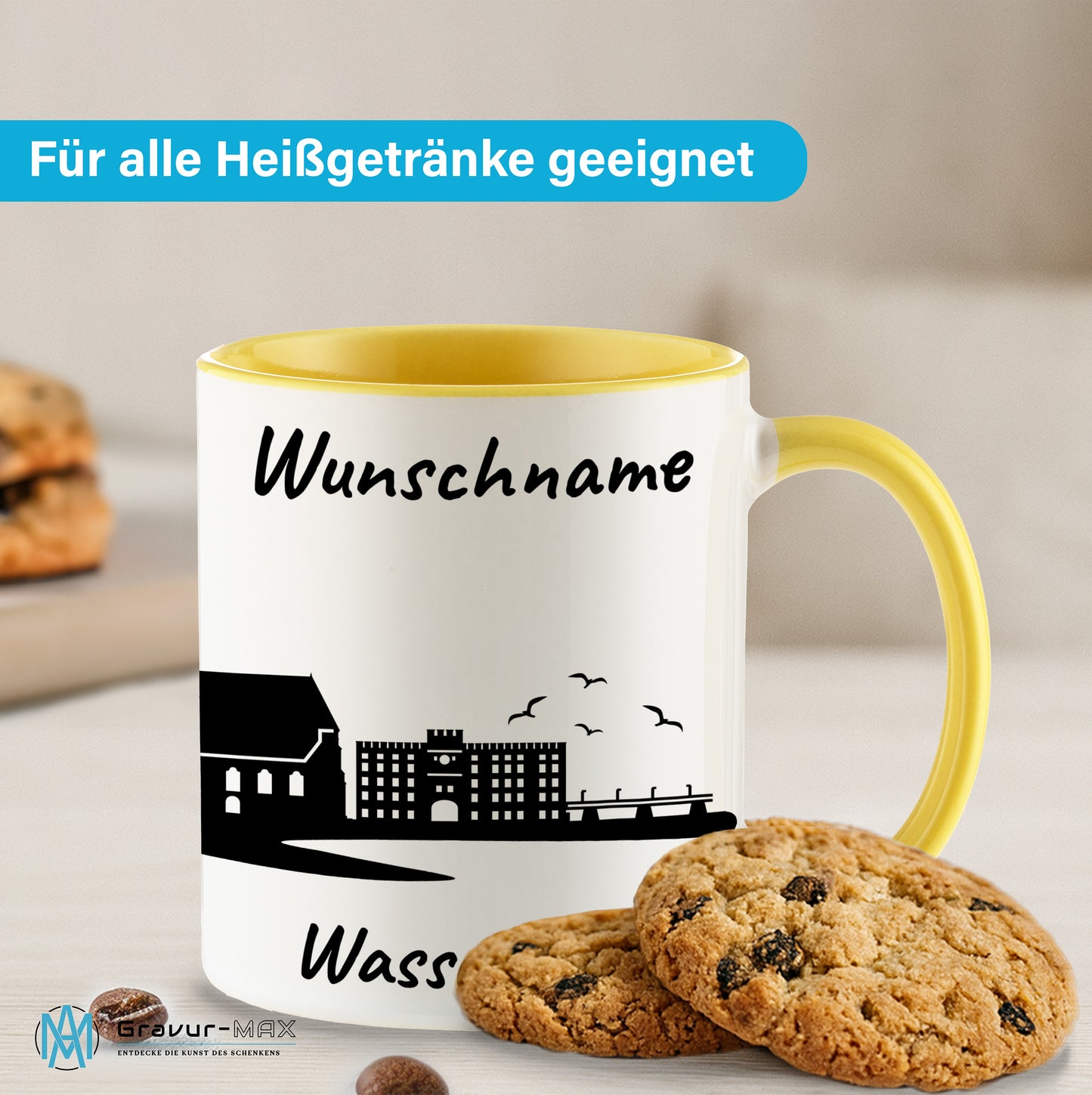 Tasse in Hellgelb 330ml bedruckt mit der Skyline von Wasserburg personalisierbar mit Wunschname