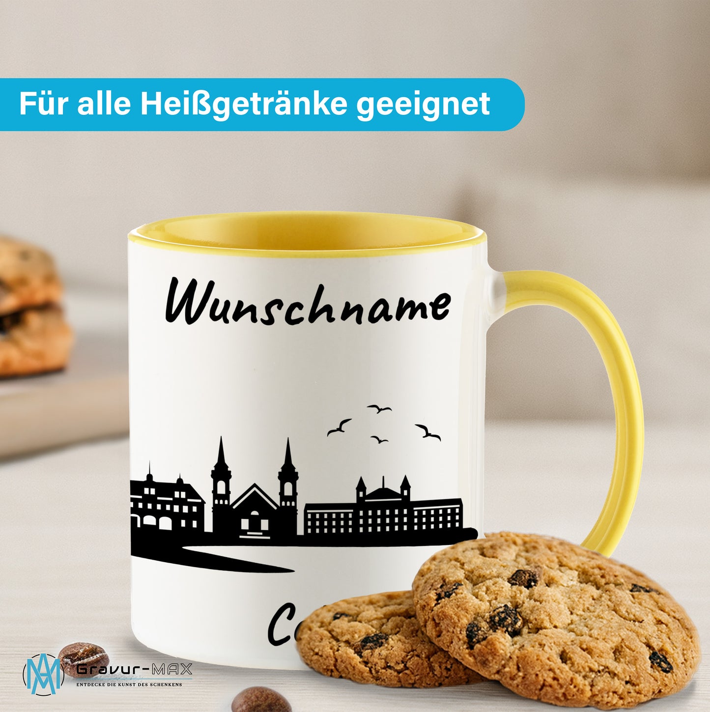 Tasse in Hellgelb 330ml bedruckt mit der Skyline von Celle personalisierbar mit Wunschname