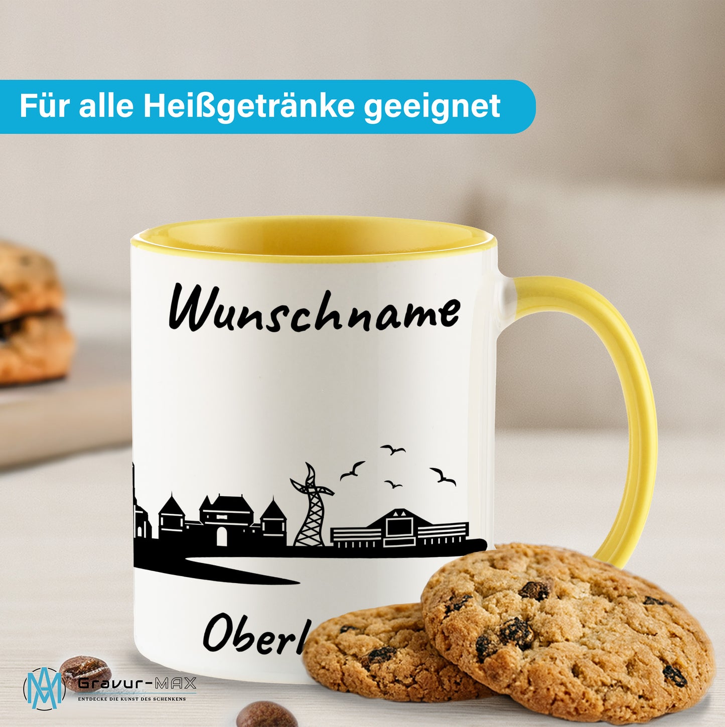 Tasse in Hellgelb 330ml bedruckt mit der Skyline von Oberhausen personalisierbar mit Wunschname