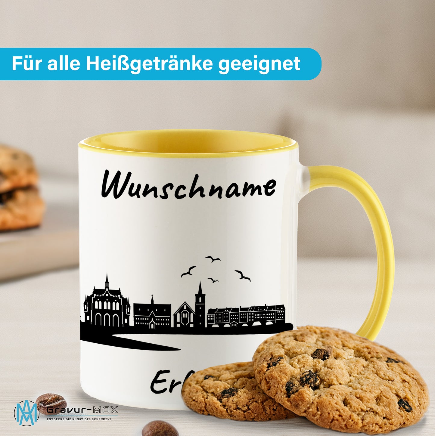 Tasse in Hellgelb 330ml bedruckt mit der Skyline von Erfurt personalisierbar mit Wunschname