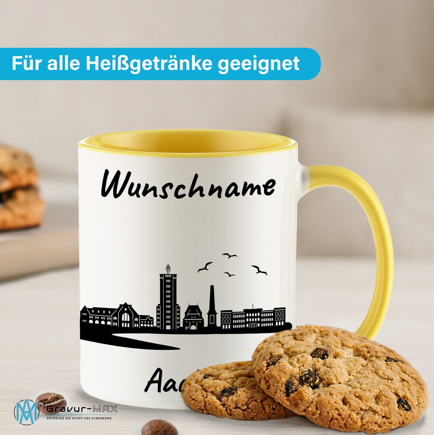 Tasse in Hellgelb 330ml bedruckt mit der Skyline von Aachen personalisierbar mit Wunschname