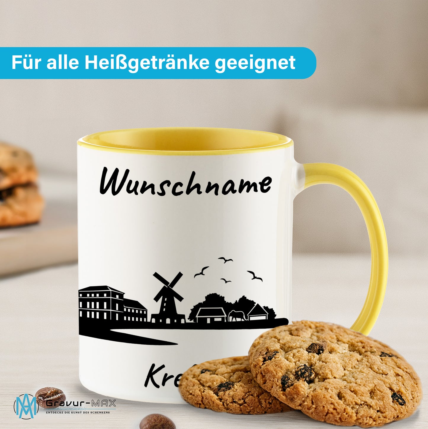 Tasse in Hellgelb 330ml bedruckt mit der Skyline von Krefeld personalisierbar mit Wunschname