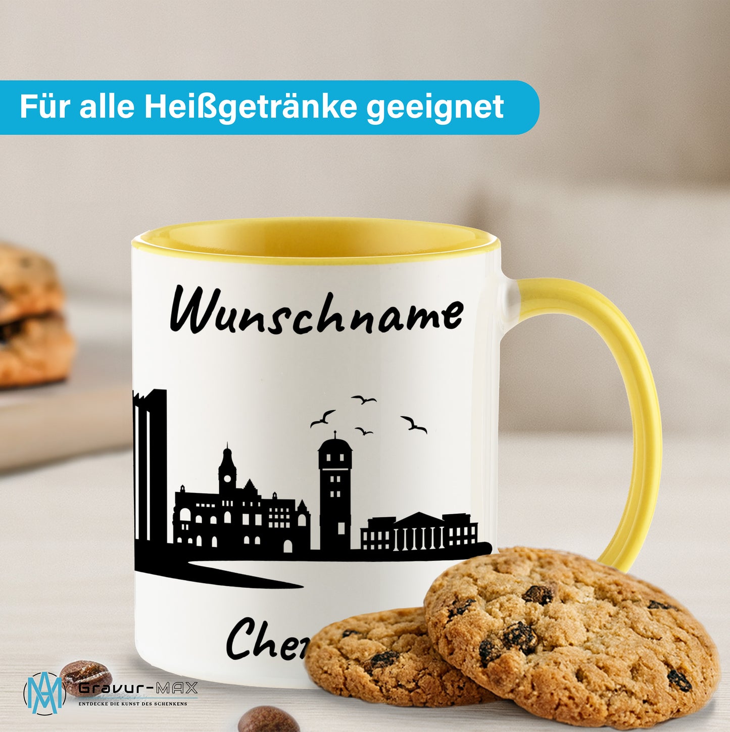 Tasse in Hellgelb 330ml bedruckt mit der Skyline von Chemnitz personalisierbar mit Wunschname