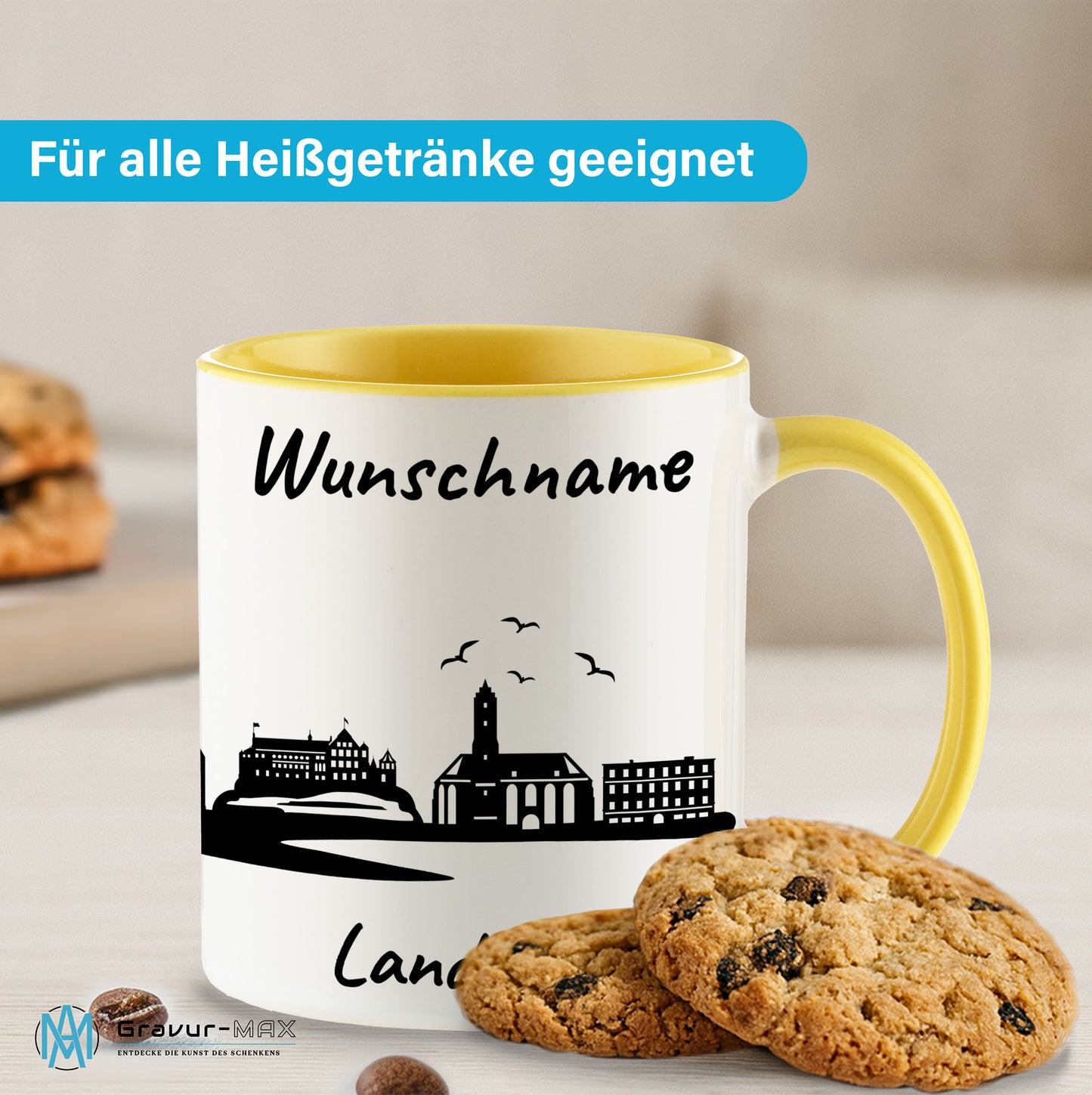 Tasse in Hellgelb 330ml bedruckt mit der Skyline von Landshut personalisierbar mit Wunschname