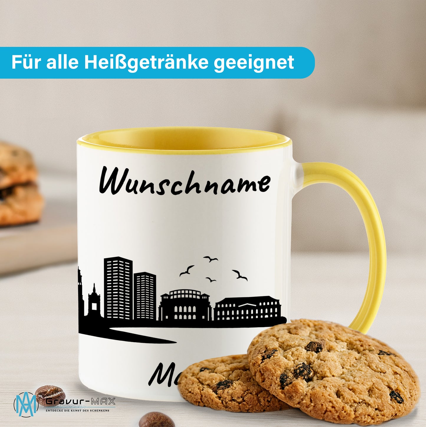 Tasse in Hellgelb 330ml bedruckt mit der Skyline von Mainz personalisierbar mit Wunschname