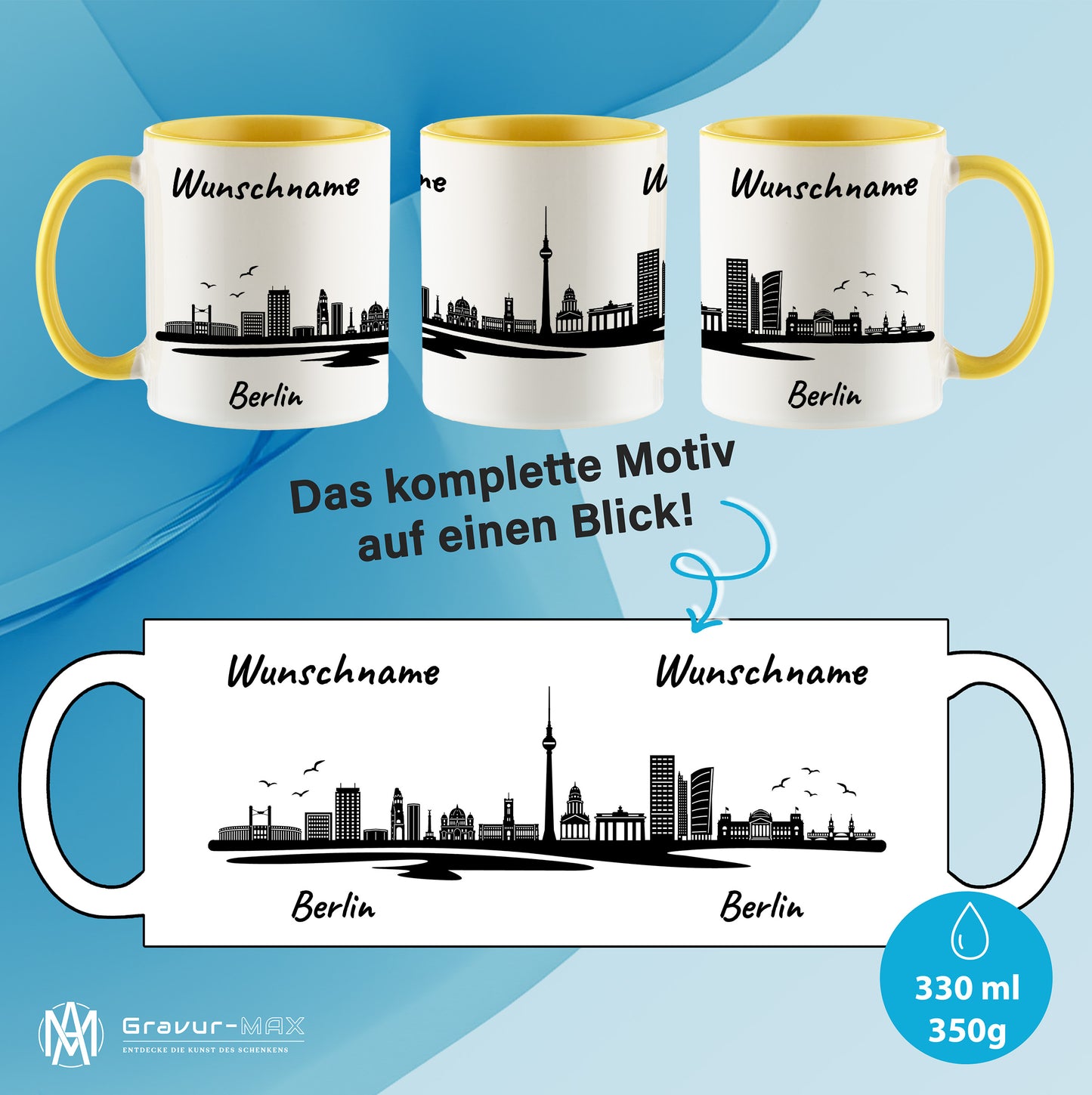 Tasse in Hellgelb 330ml bedruckt mit der Skyline von Berlin personalisierbar mit Wunschname