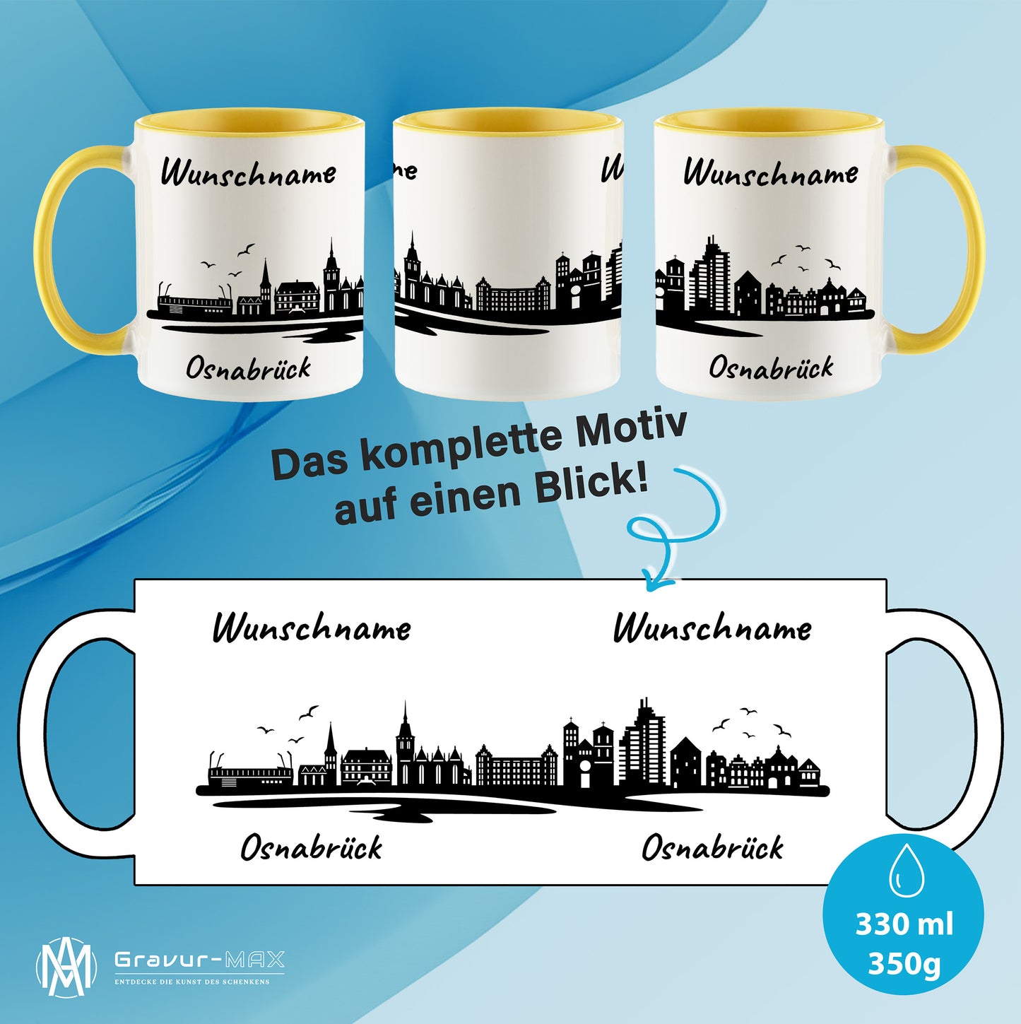 Tasse in Hellgelb 330ml bedruckt mit der Skyline von Osnabrück personalisierbar mit Wunschname