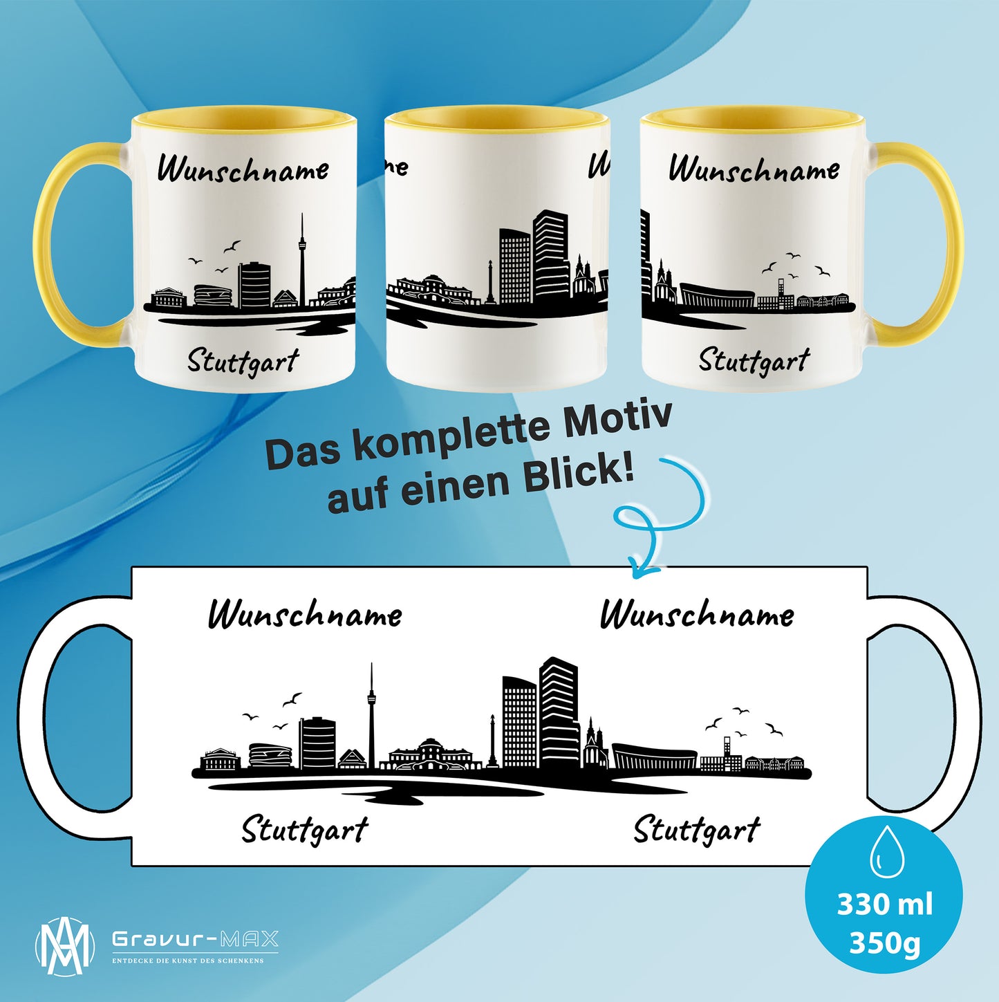 Tasse in Hellgelb 330ml bedruckt mit der Skyline von Stuttgart personalisierbar mit Wunschname