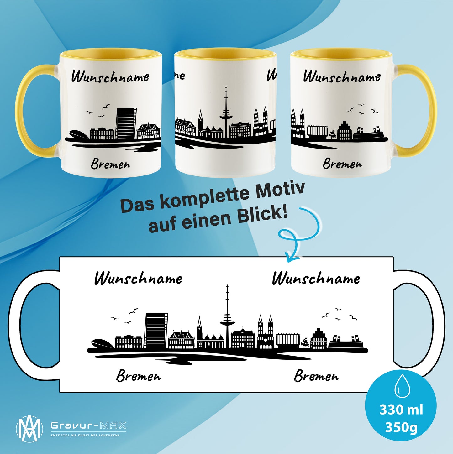 Tasse in Hellgelb 330ml bedruckt mit der Skyline von Bremen personalisierbar mit Wunschname