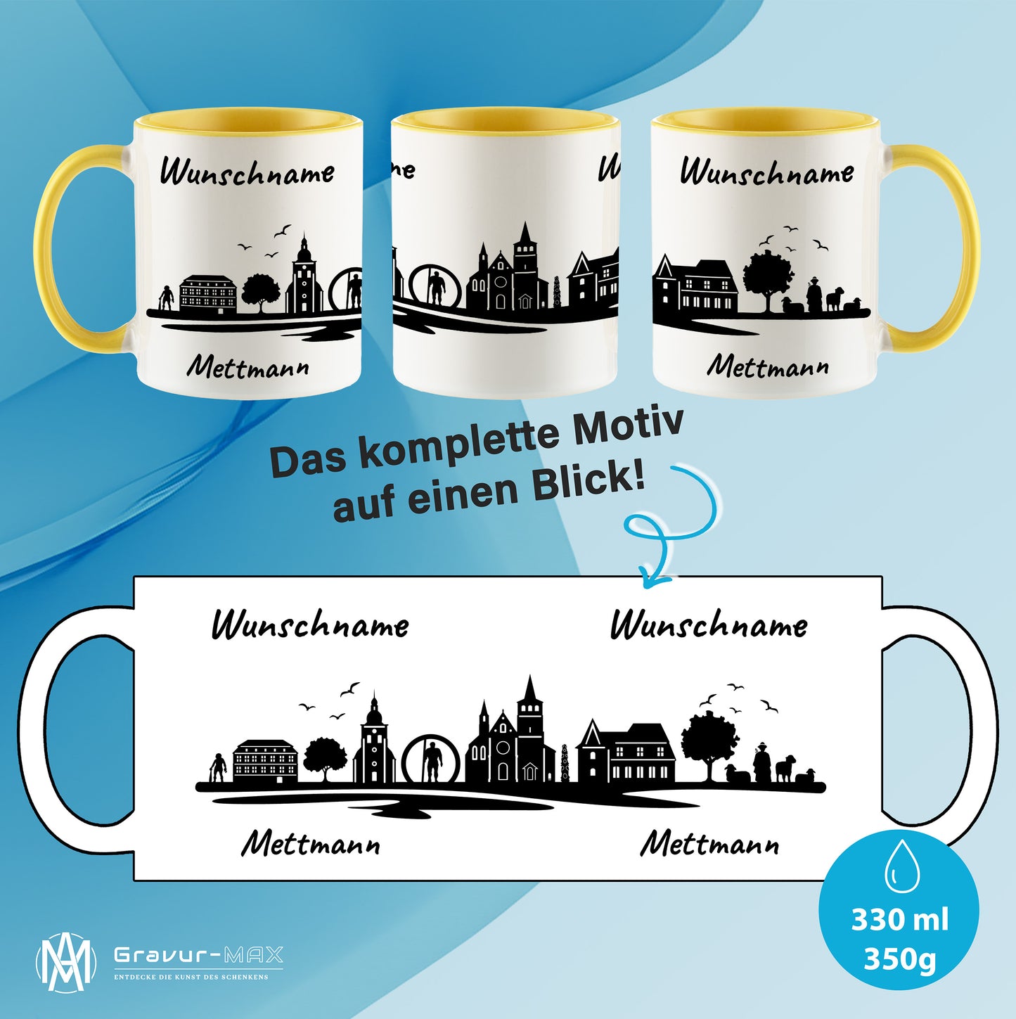 Tasse in Hellgelb 330ml bedruckt mit der Skyline von Mettmann personalisierbar mit Wunschname
