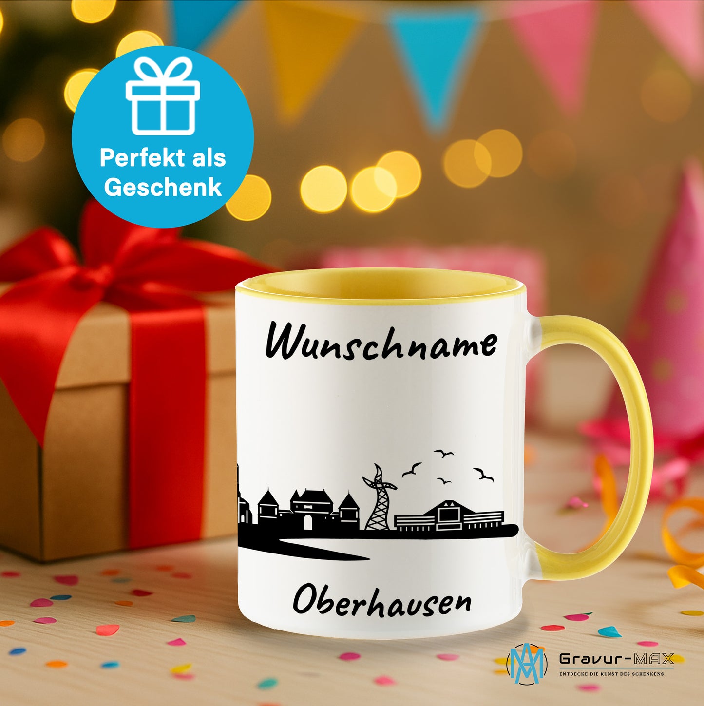Tasse in Hellgelb 330ml bedruckt mit der Skyline von Oberhausen personalisierbar mit Wunschname