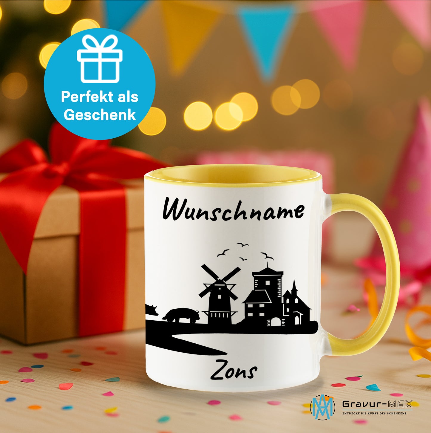 Tasse in Hellgelb 330ml bedruckt mit der Skyline von Zons (Dormagen) personalisierbar mit Wunschname