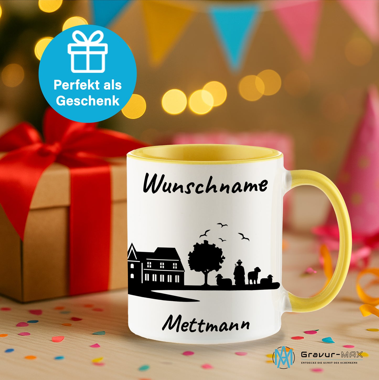 Tasse in Hellgelb 330ml bedruckt mit der Skyline von Mettmann personalisierbar mit Wunschname