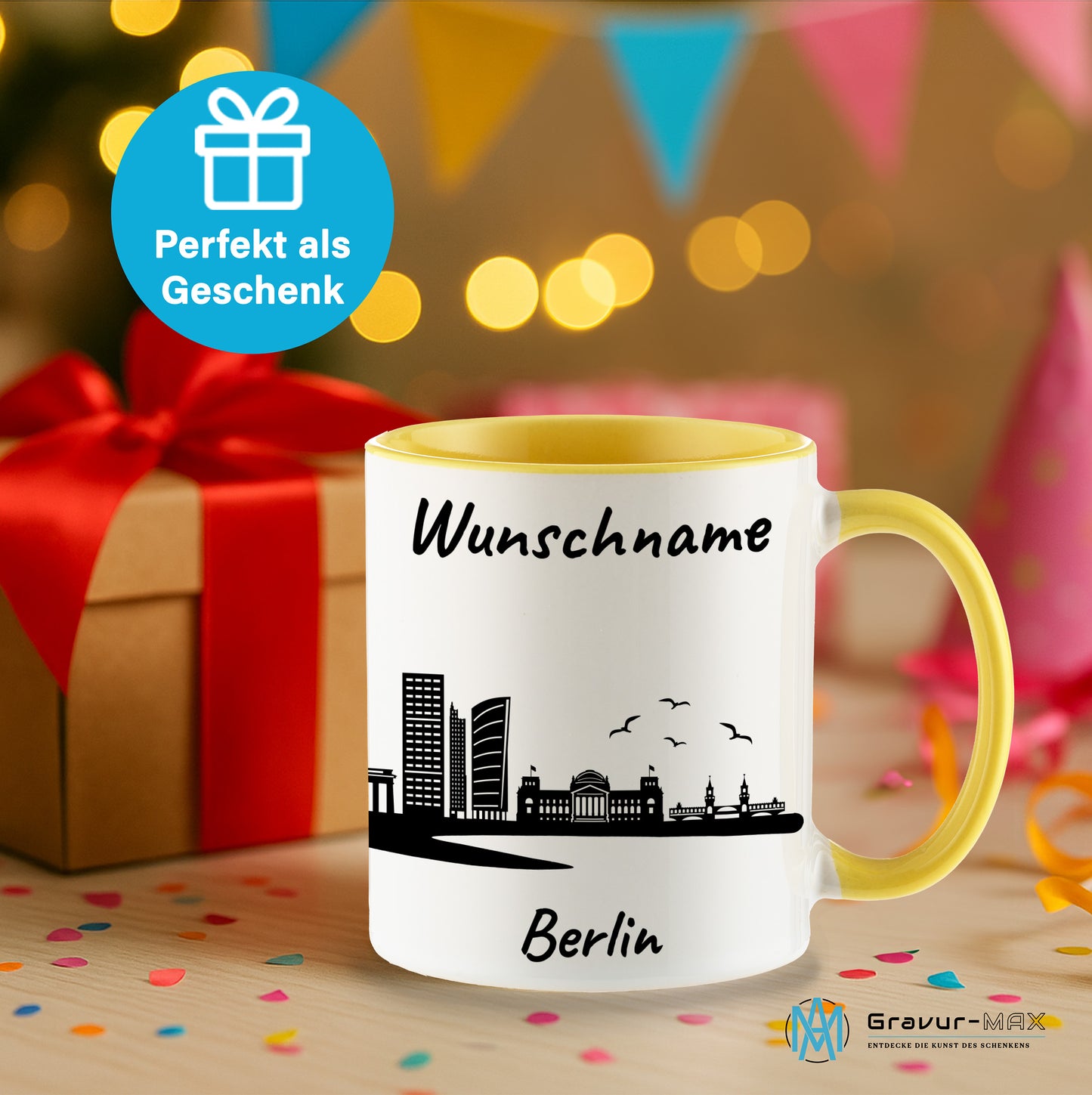 Tasse in Hellgelb 330ml bedruckt mit der Skyline von Berlin personalisierbar mit Wunschname