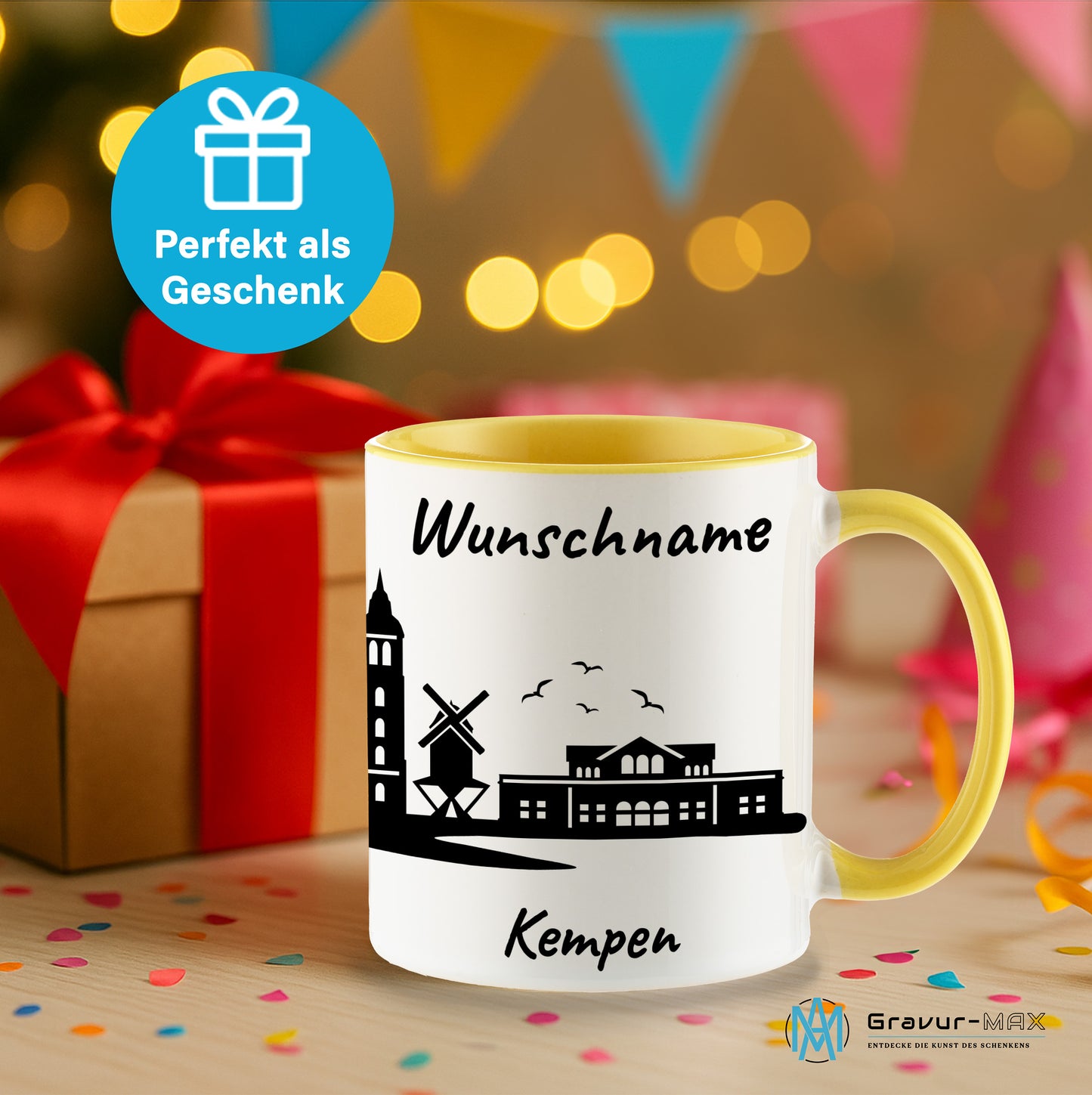 Tasse in Hellgelb 330ml bedruckt mit der Skyline von Kempen personalisierbar mit Wunschname