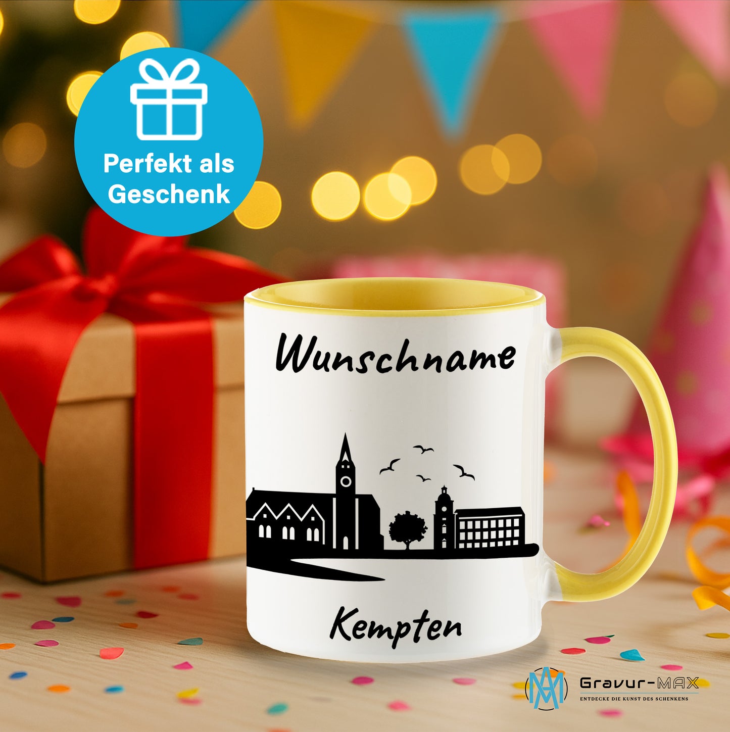 Tasse in Hellgelb 330ml bedruckt mit der Skyline von Kempten personalisierbar mit Wunschname