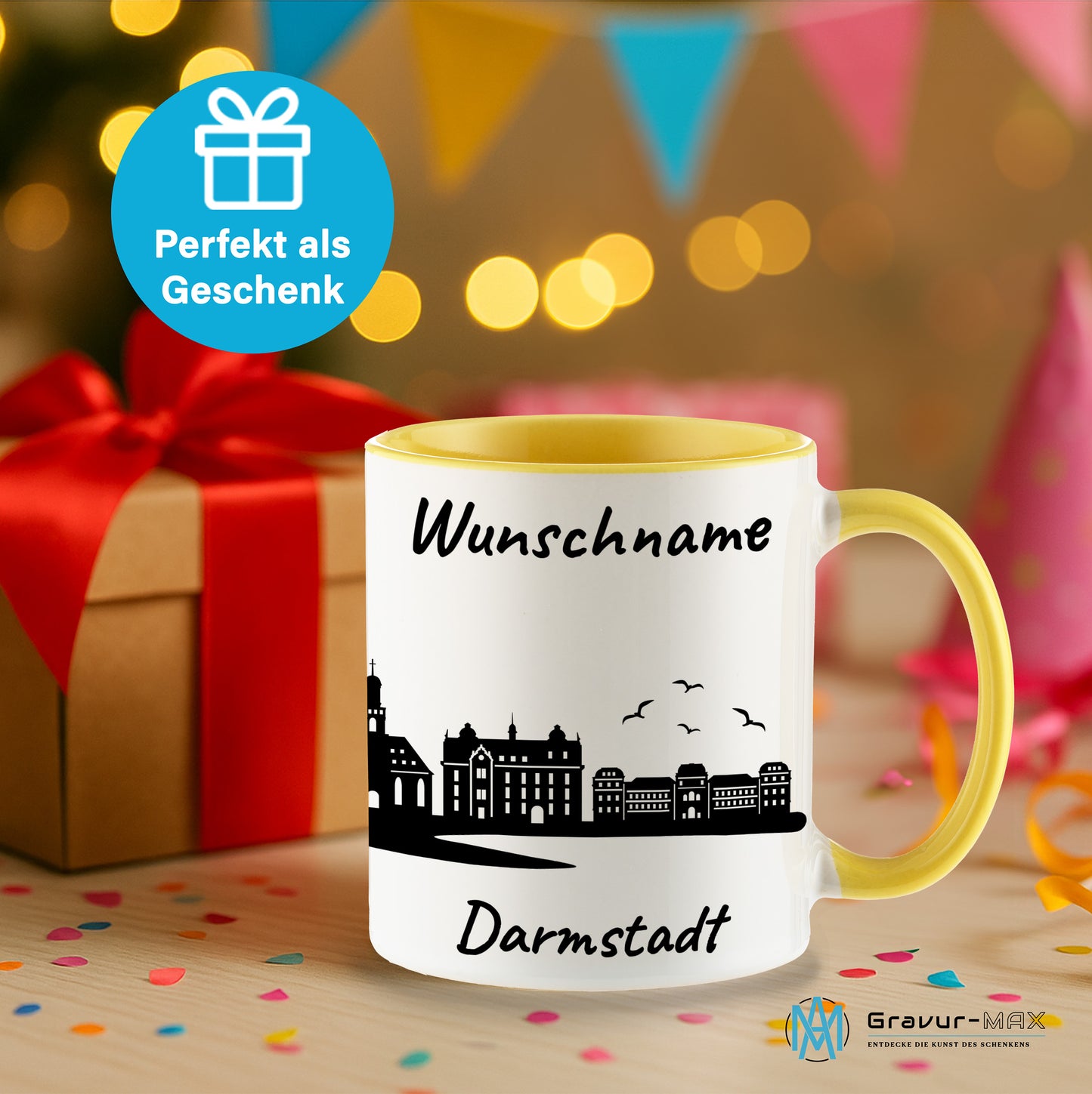 Tasse in Hellgelb 330ml bedruckt mit der Skyline von Darmstadt personalisierbar mit Wunschname